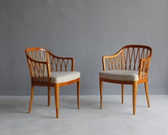 Carl Malmsten, Rare "Widemar" Side Chairs, Birch, Grey Fabric, Sweden, 1942