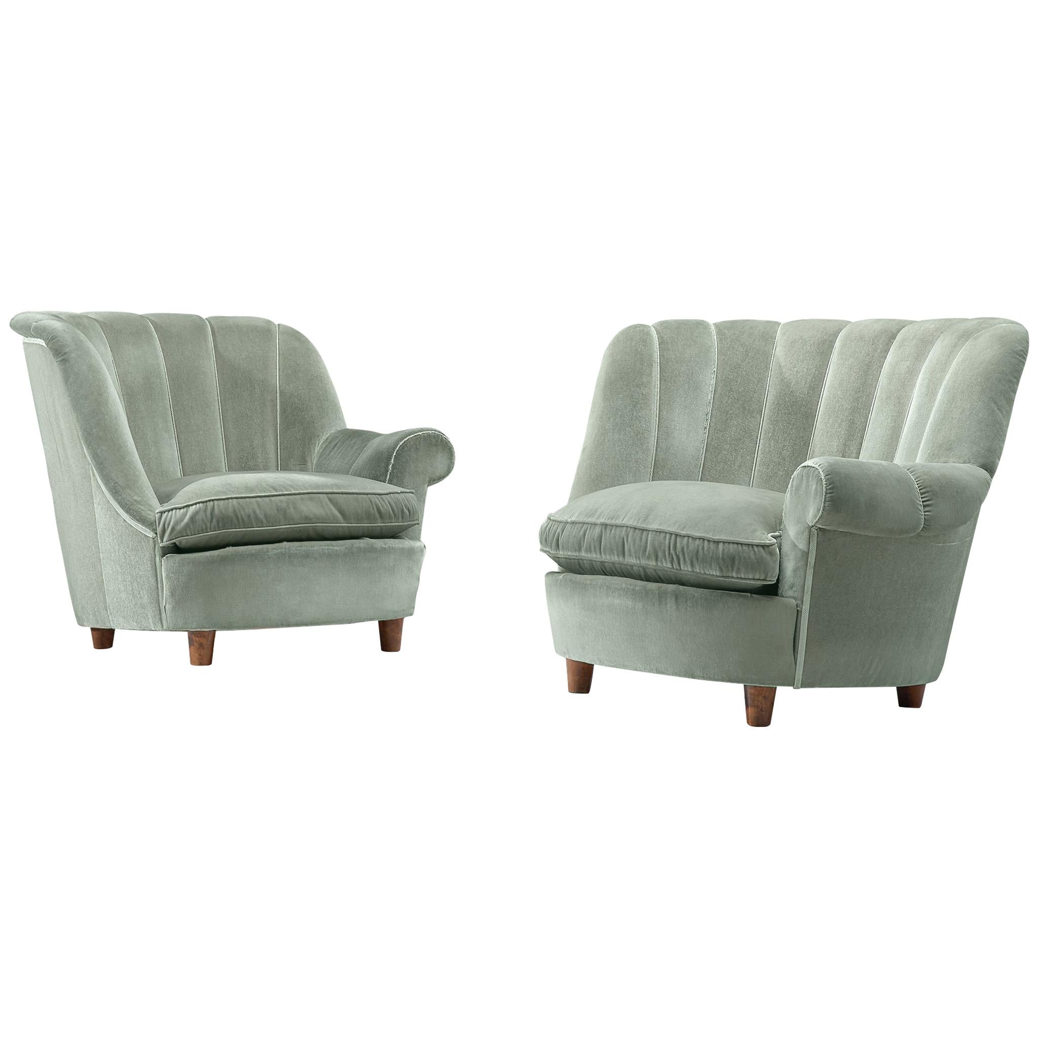 Carl Malmsten "Redet" Easy Chairs in Soft Mint Velvet