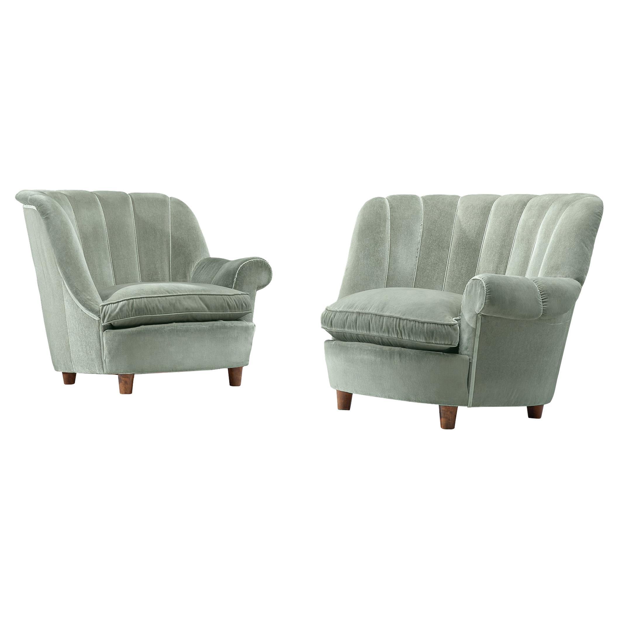 Carl Malmsten "Redet" Pair of Easy Chairs in Soft Mint Velvet