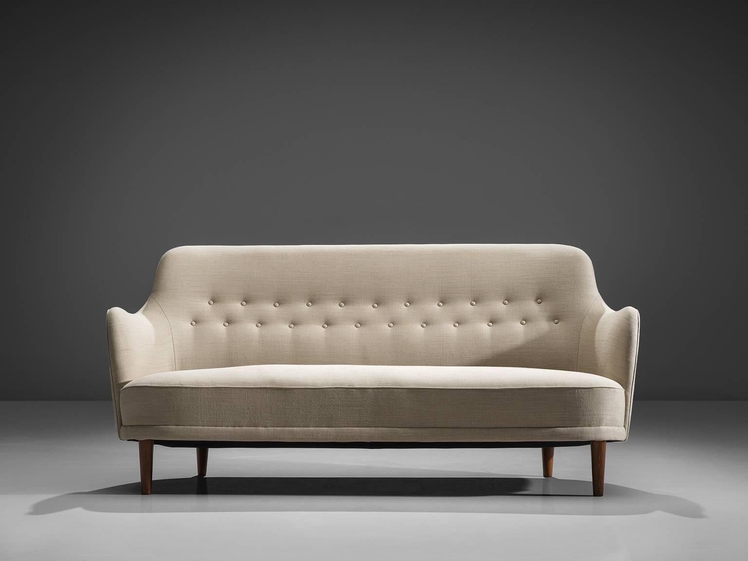 Carl Malmsten for O.H. Sjo¨gren, sofa 'Samsas', white fabric and birch by Sweden, 1940s. 

Elegant Swedish sofa by designer Carl Malmsten. The design of this piece originates from 1923. It's a characteristic piece of Malmsten, with classical