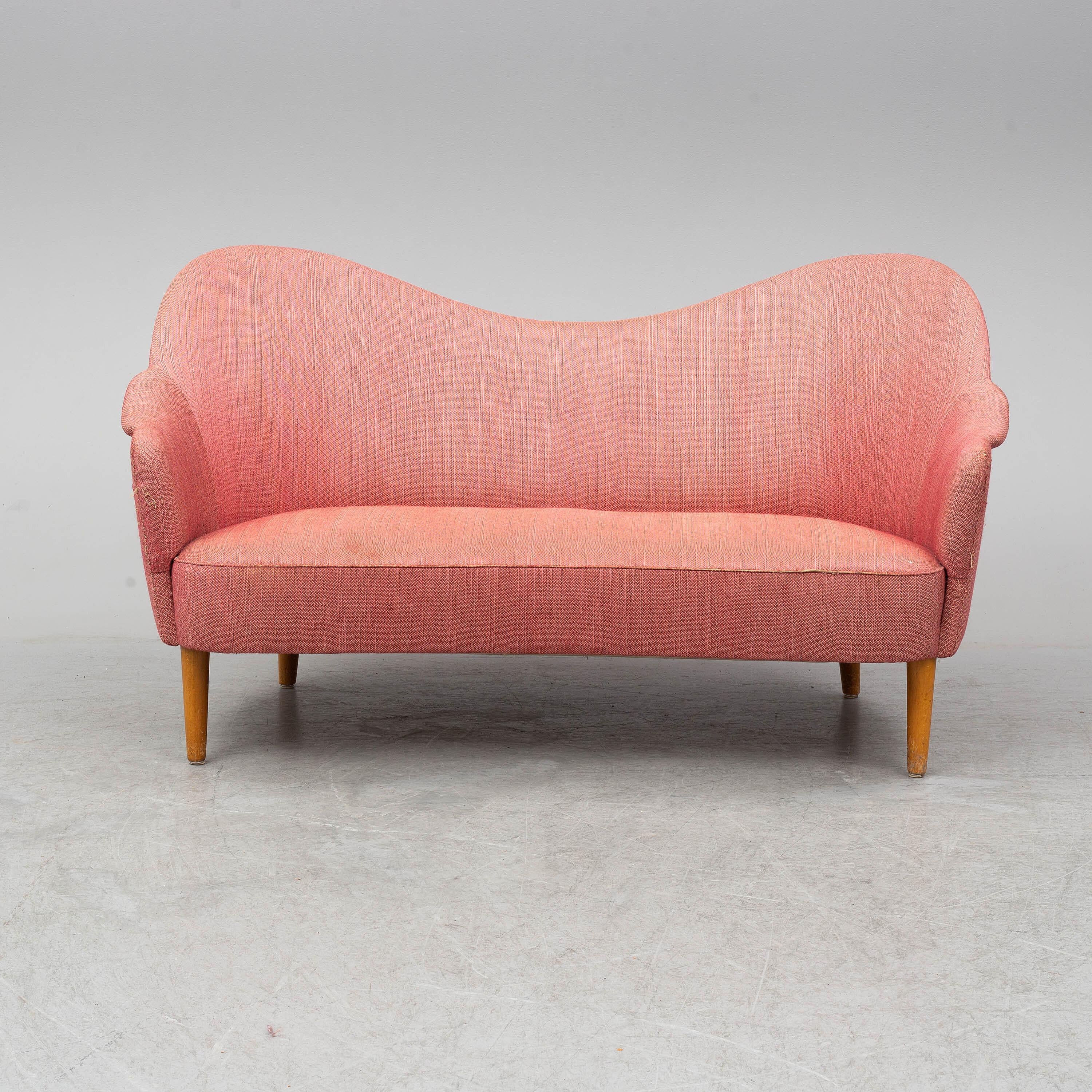 Carl Malmsten mid-20th century Samspel sofa / loveseat, produced by O.H. Sjogren, Sweden. Similar to Finn Juhls designs from the same era. The fabric is worn so this piece is sold for recovering in the customers choice of fabric.   Ships worldwide.