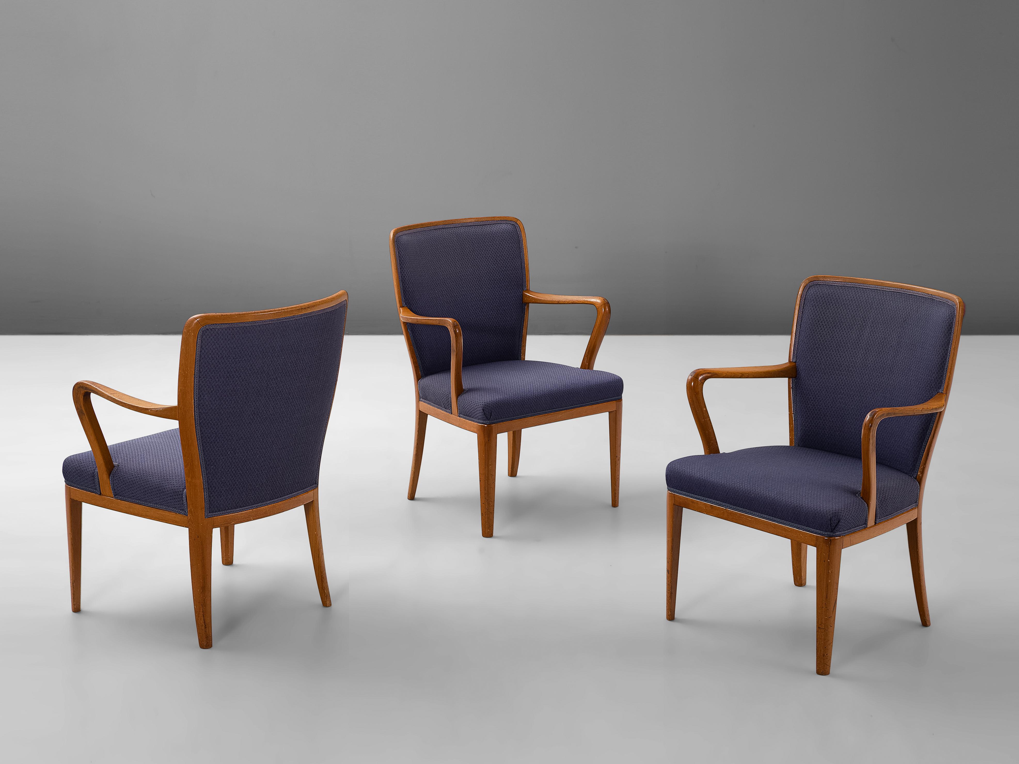 Swedish Carl Malmsten Set of Dining Chairs in Teak and Fabric Upholstery