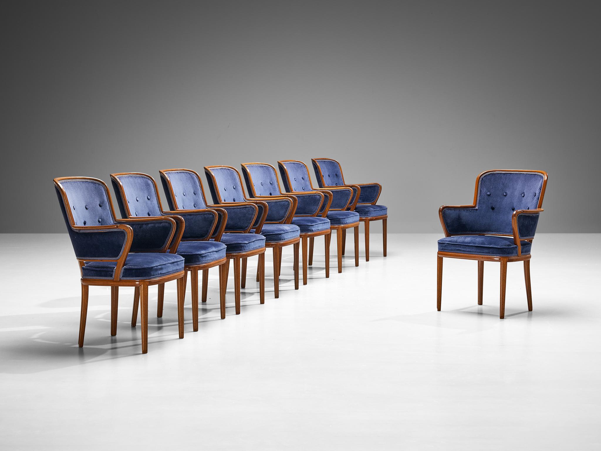 Carl Malmsten Set of Eight Armchairs in Mahogany and Blue Upholstery For Sale 3