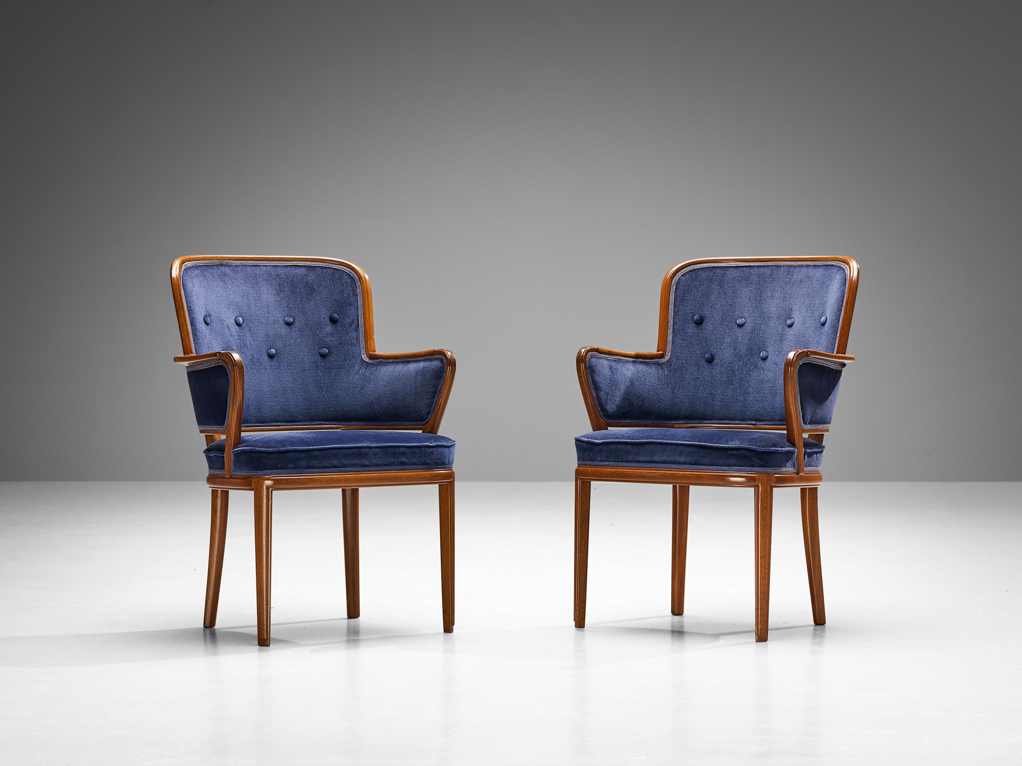 Carl Malmsten Set of Eight Armchairs in Mahogany and Blue Upholstery For Sale 4