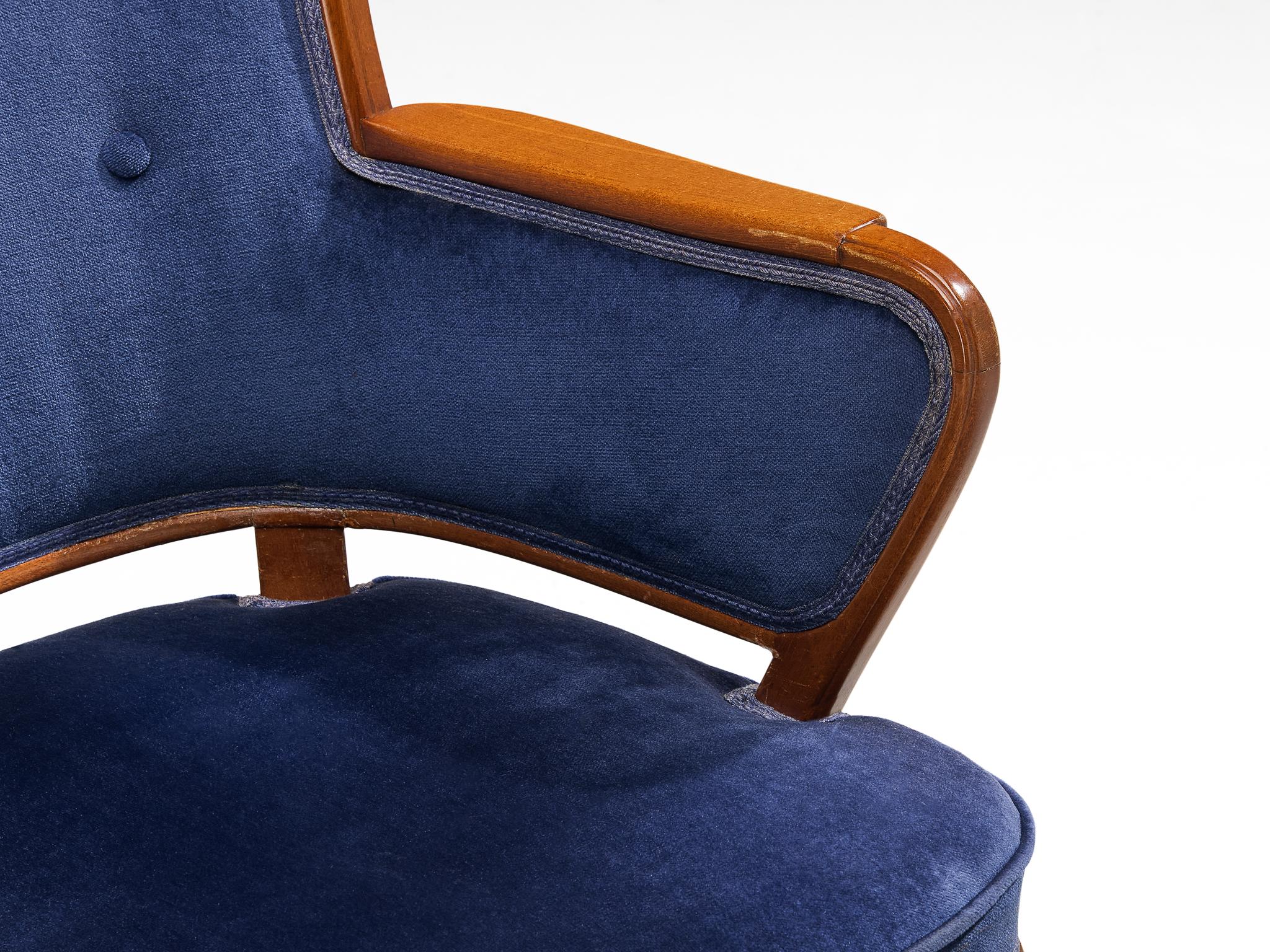 Carl Malmsten Set of Eight Armchairs in Mahogany and Blue Upholstery For Sale 5
