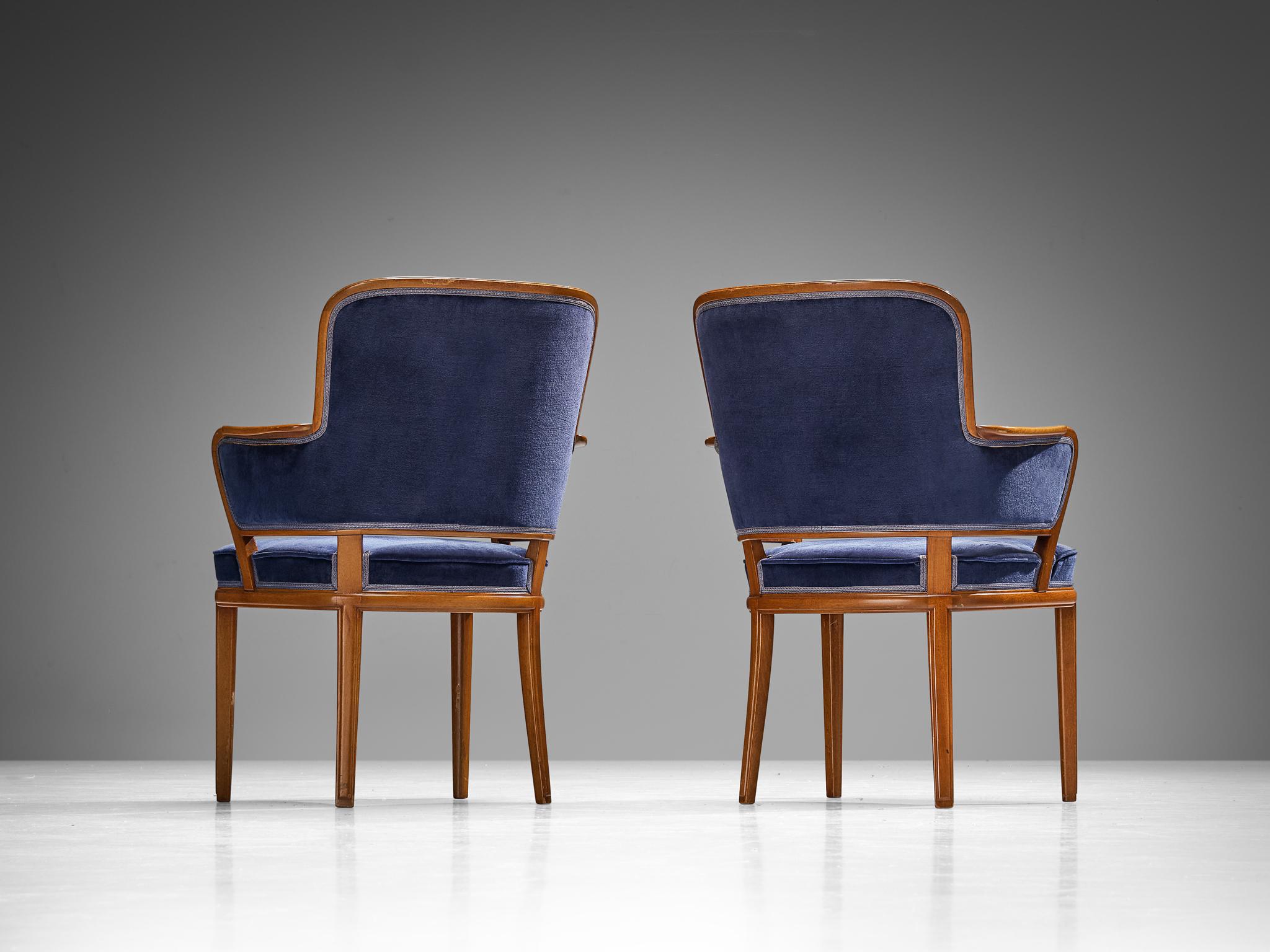 Scandinavian Modern Carl Malmsten Set of Eight Armchairs in Mahogany and Blue Upholstery For Sale