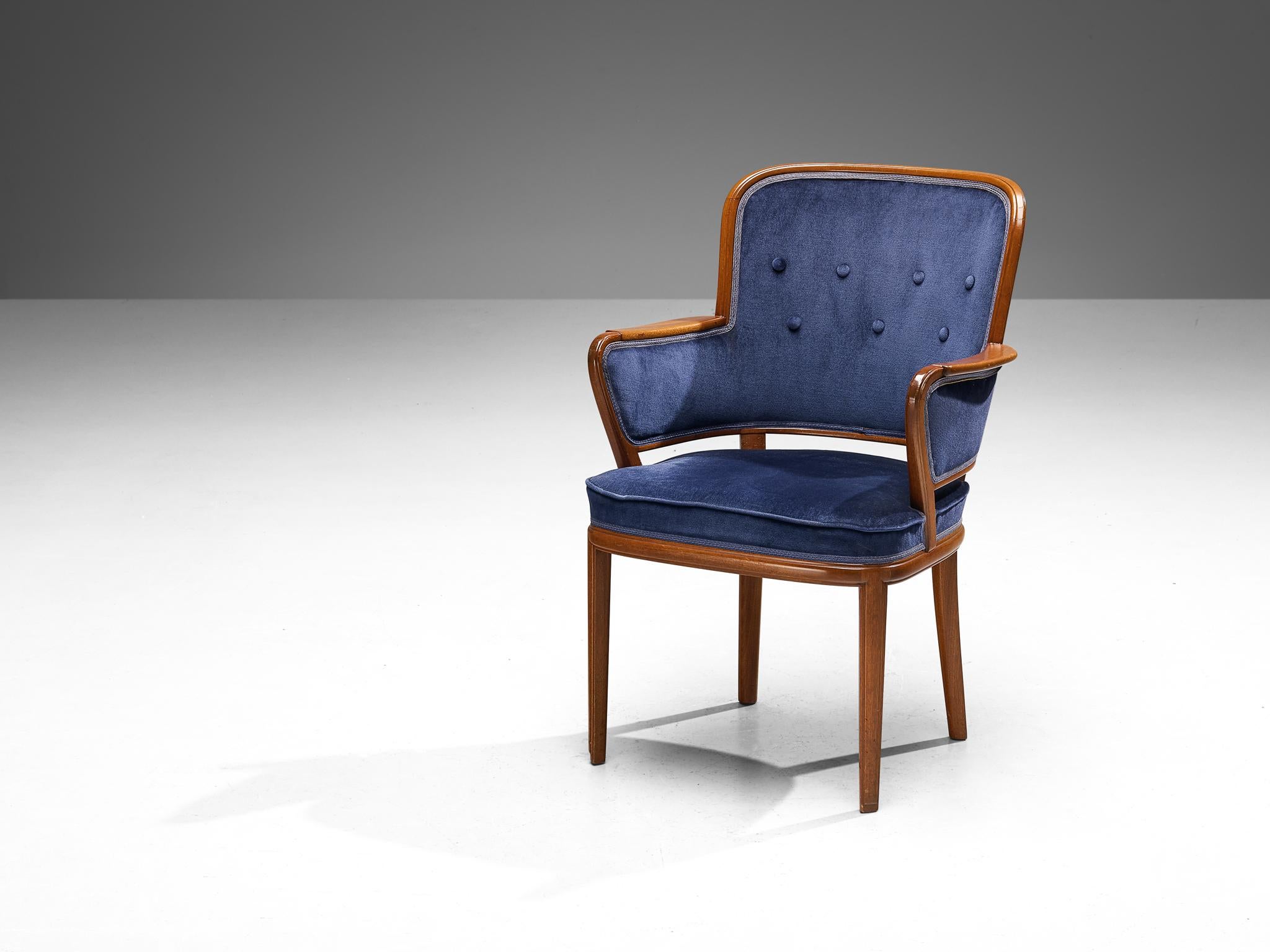 Swedish Carl Malmsten Set of Eight Armchairs in Mahogany and Blue Upholstery For Sale