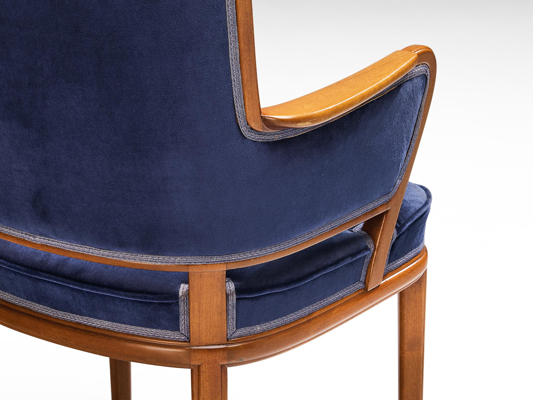 Carl Malmsten Set of Eight Armchairs in Mahogany and Blue Upholstery In Good Condition For Sale In Waalwijk, NL