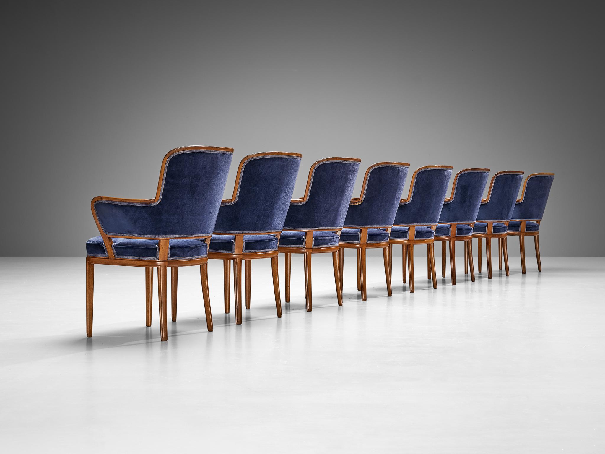 Mid-20th Century Carl Malmsten Set of Eight Armchairs in Mahogany and Blue Upholstery For Sale