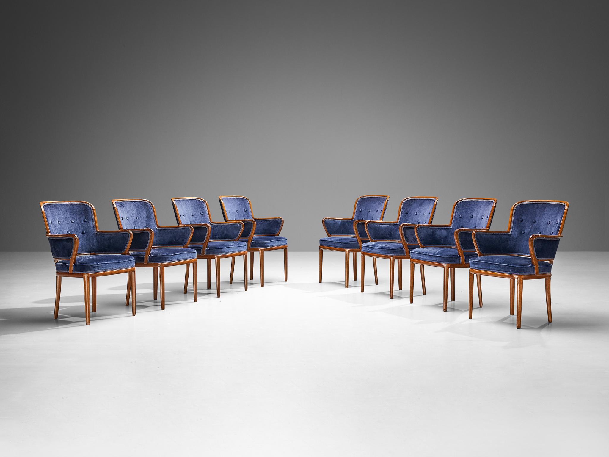 Walnut Carl Malmsten Set of Eight Armchairs in Mahogany and Blue Upholstery For Sale