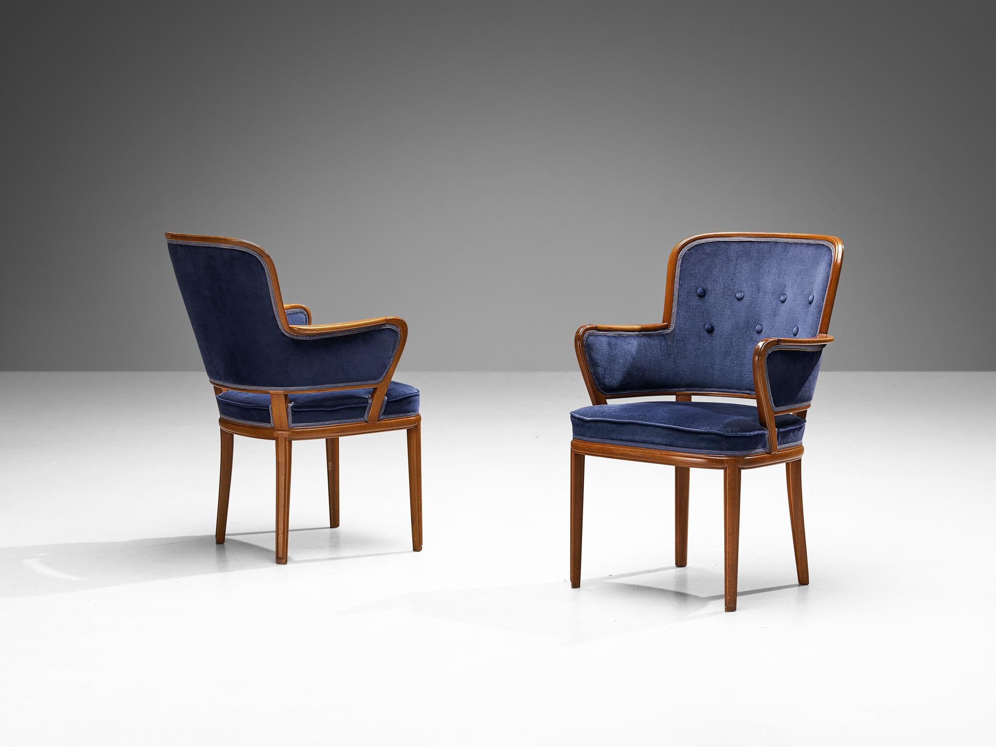 Carl Malmsten Set of Eight Armchairs in Mahogany and Blue Upholstery For Sale 1