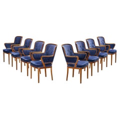 Carl Malmsten Set of Eight Armchairs in Mahogany and Blue Upholstery