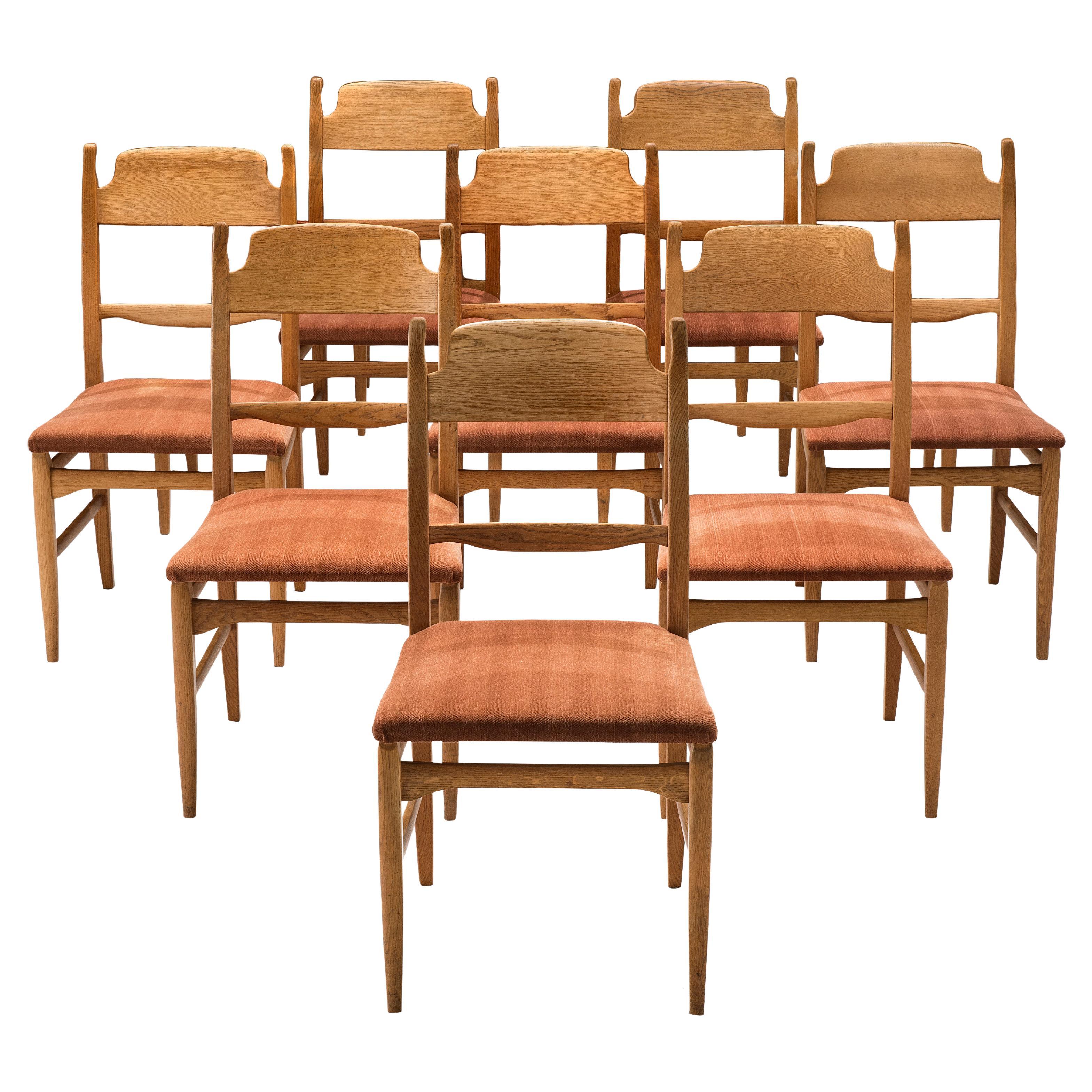 Carl Malmsten Set of Eight Dining Chairs in Oak and Orange Upholstery 