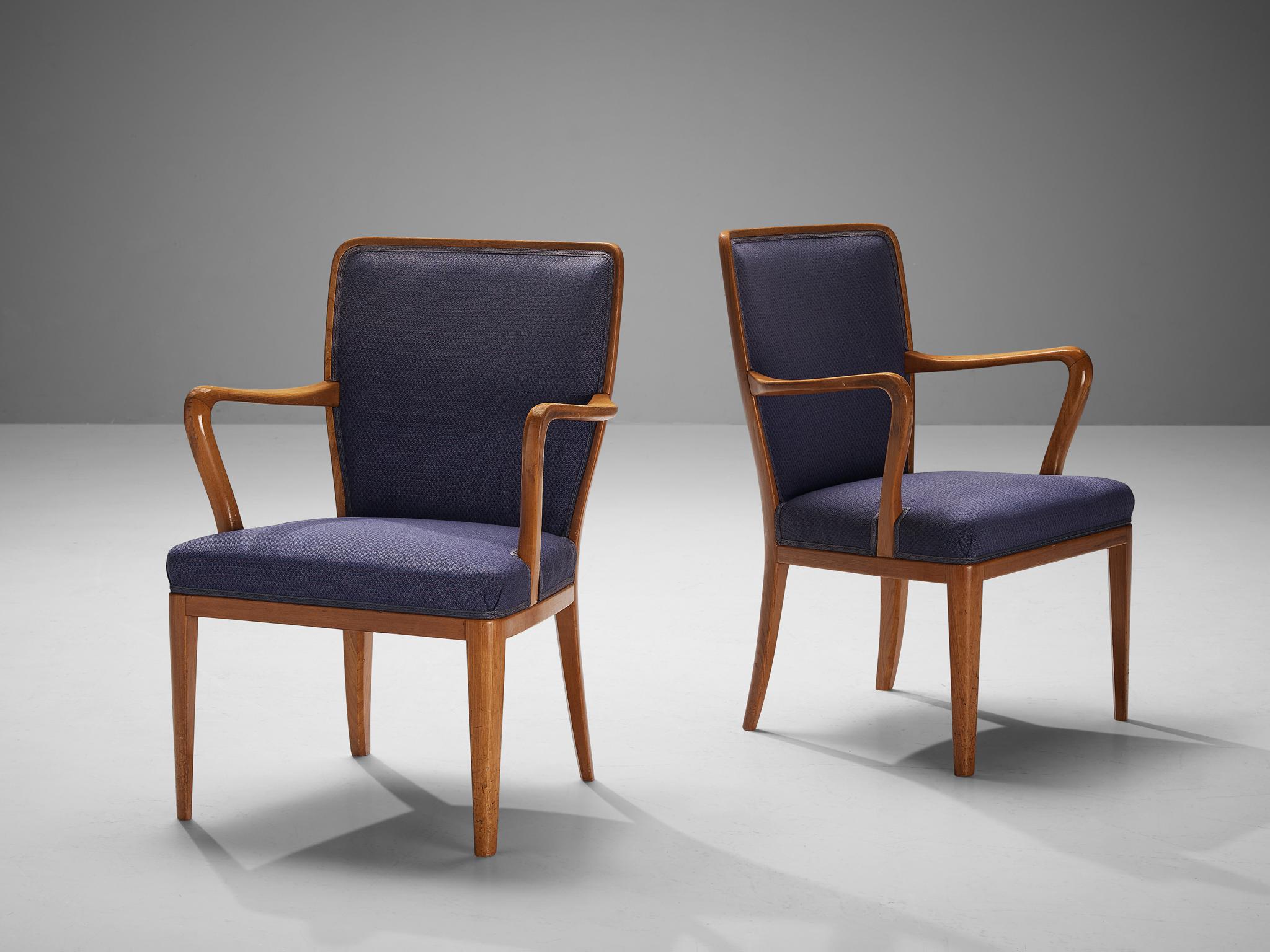 Scandinavian Modern Carl Malmsten Set of Eight Dining Chairs in Teak and Dark Purple Upholstery