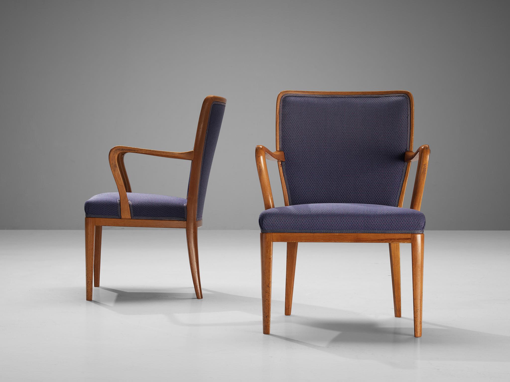 Fabric Carl Malmsten Set of Eight Dining Chairs in Teak and Dark Purple Upholstery