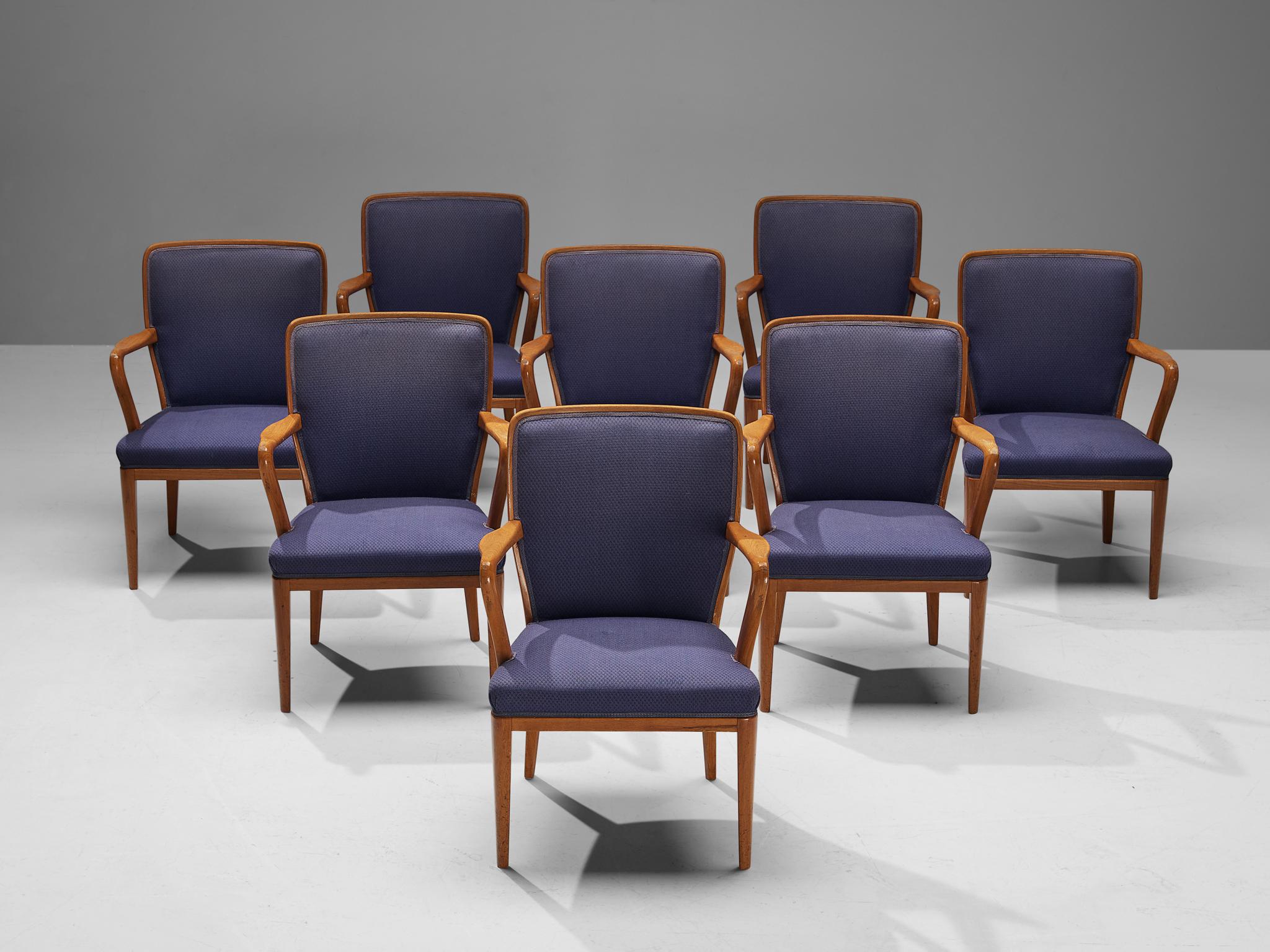 Carl Malmsten Set of Eight Dining Chairs in Teak and Dark Purple Upholstery 1