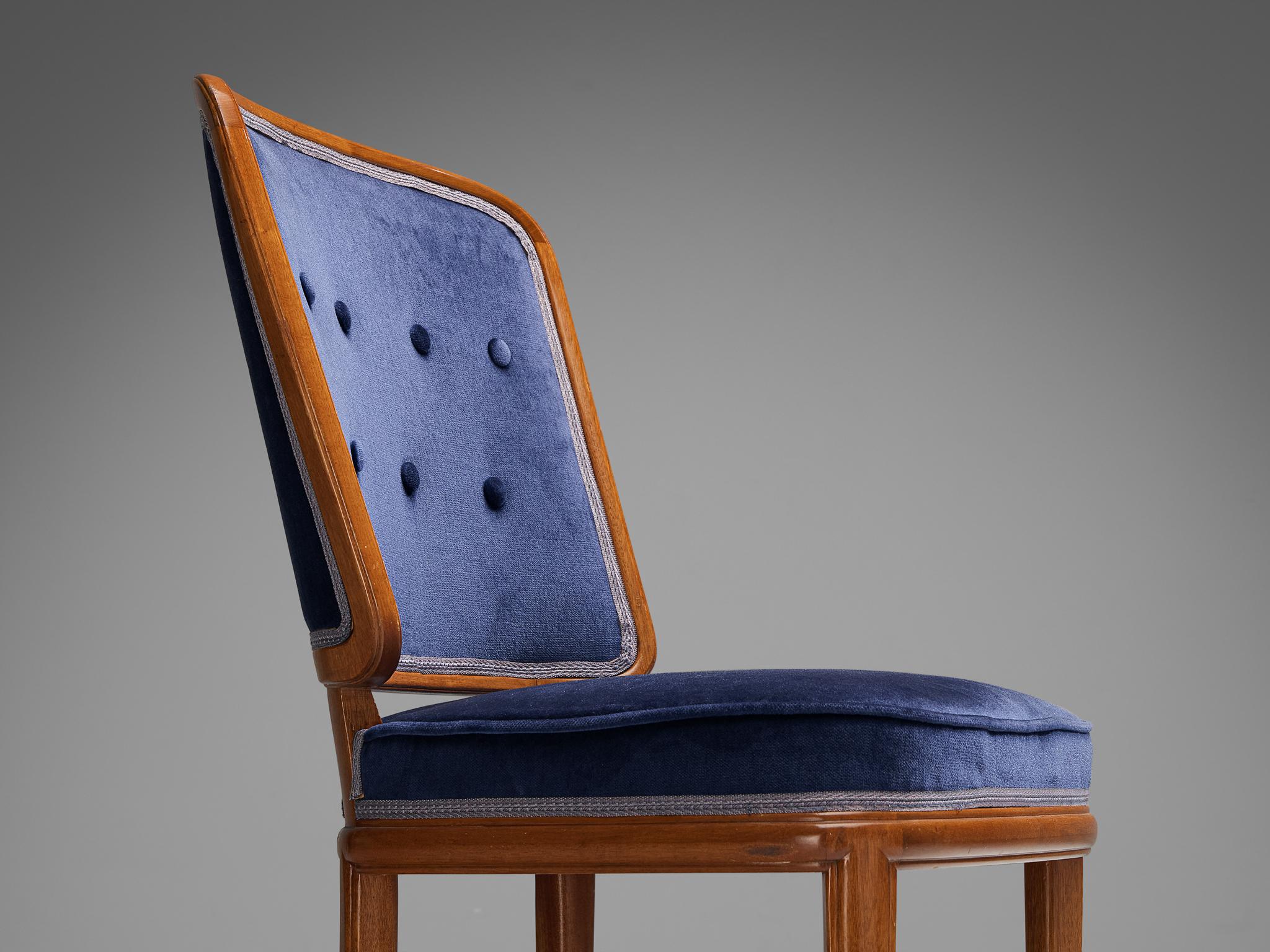 Carl Malmsten Set of Four Dining Chairs in Walnut and Blue Velvet 5
