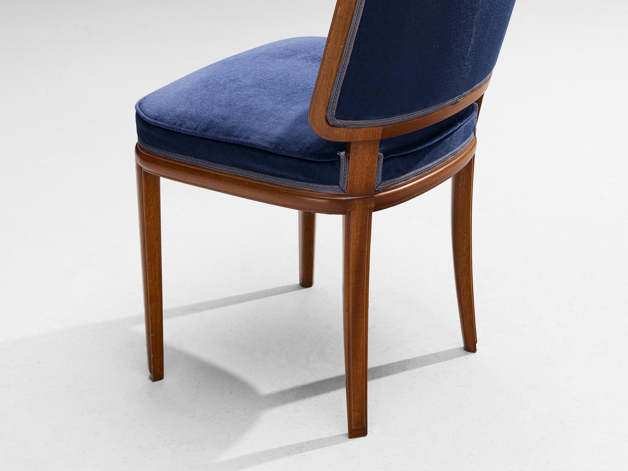 Carl Malmsten Set of Four Dining Chairs in Walnut and Blue Velvet For Sale 7