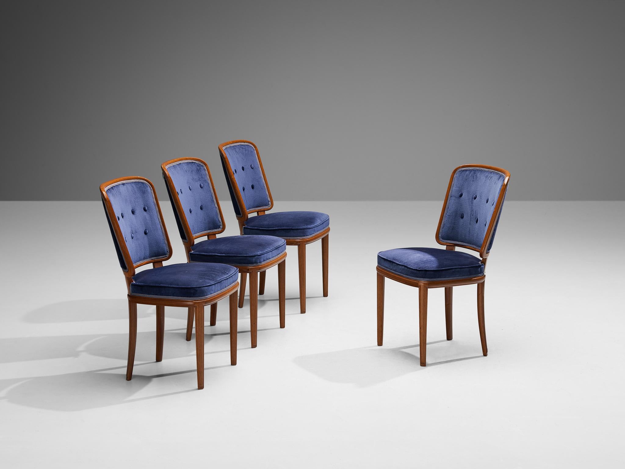 Carl Malmsten, set of four dining chairs, walnut, velvet, Sweden, 1940s

Designed by Carl Malmsten in the forties, these dining chairs have a beautiful elegant silhouette executed with the finest materials. The chair owns its sophisticated look by
