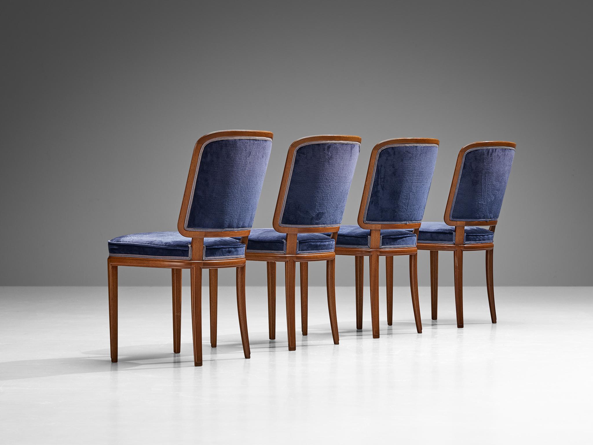 Scandinavian Modern Carl Malmsten Set of Four Dining Chairs in Walnut and Blue Velvet For Sale