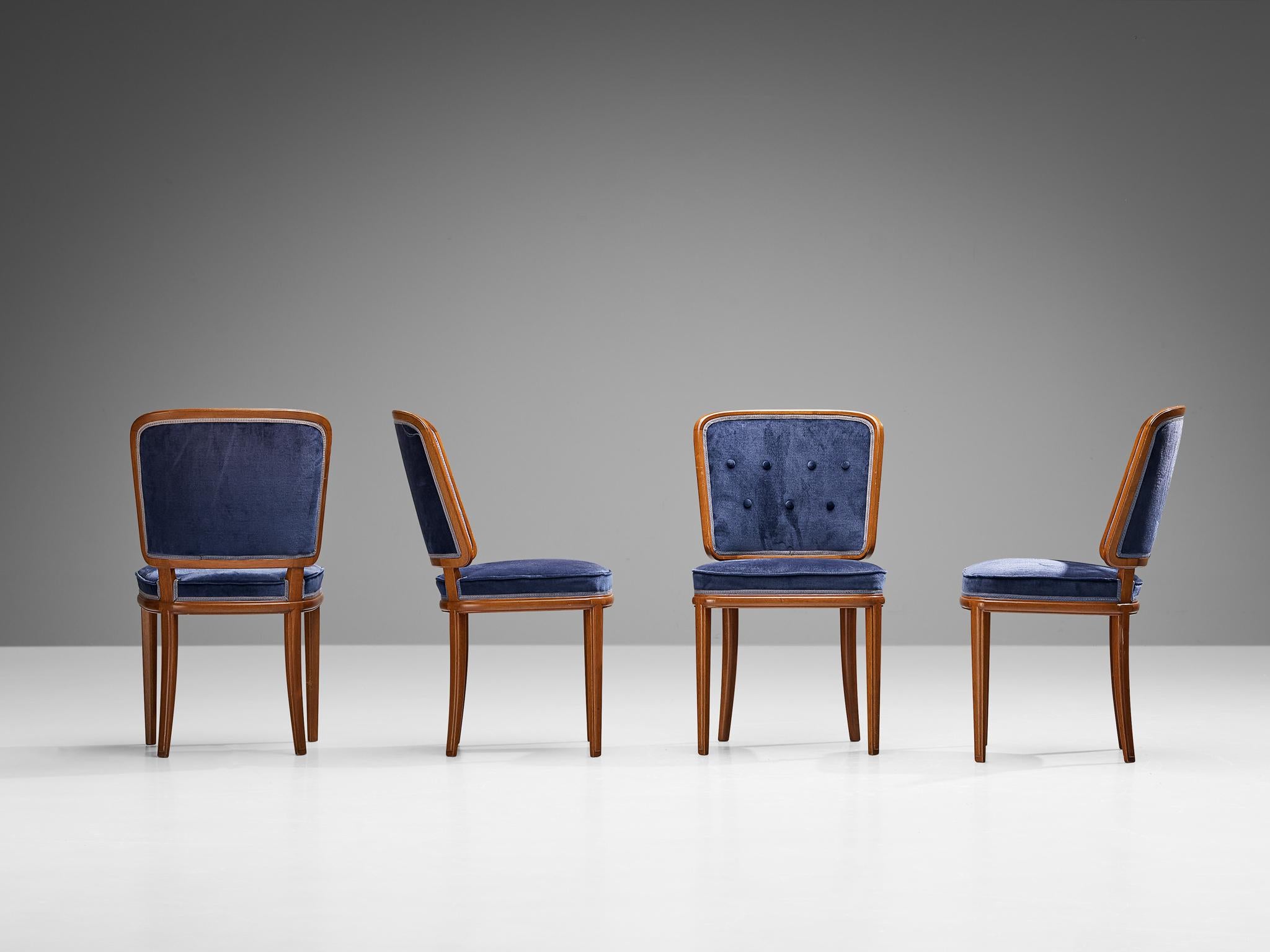Swedish Carl Malmsten Set of Four Dining Chairs in Walnut and Blue Velvet For Sale