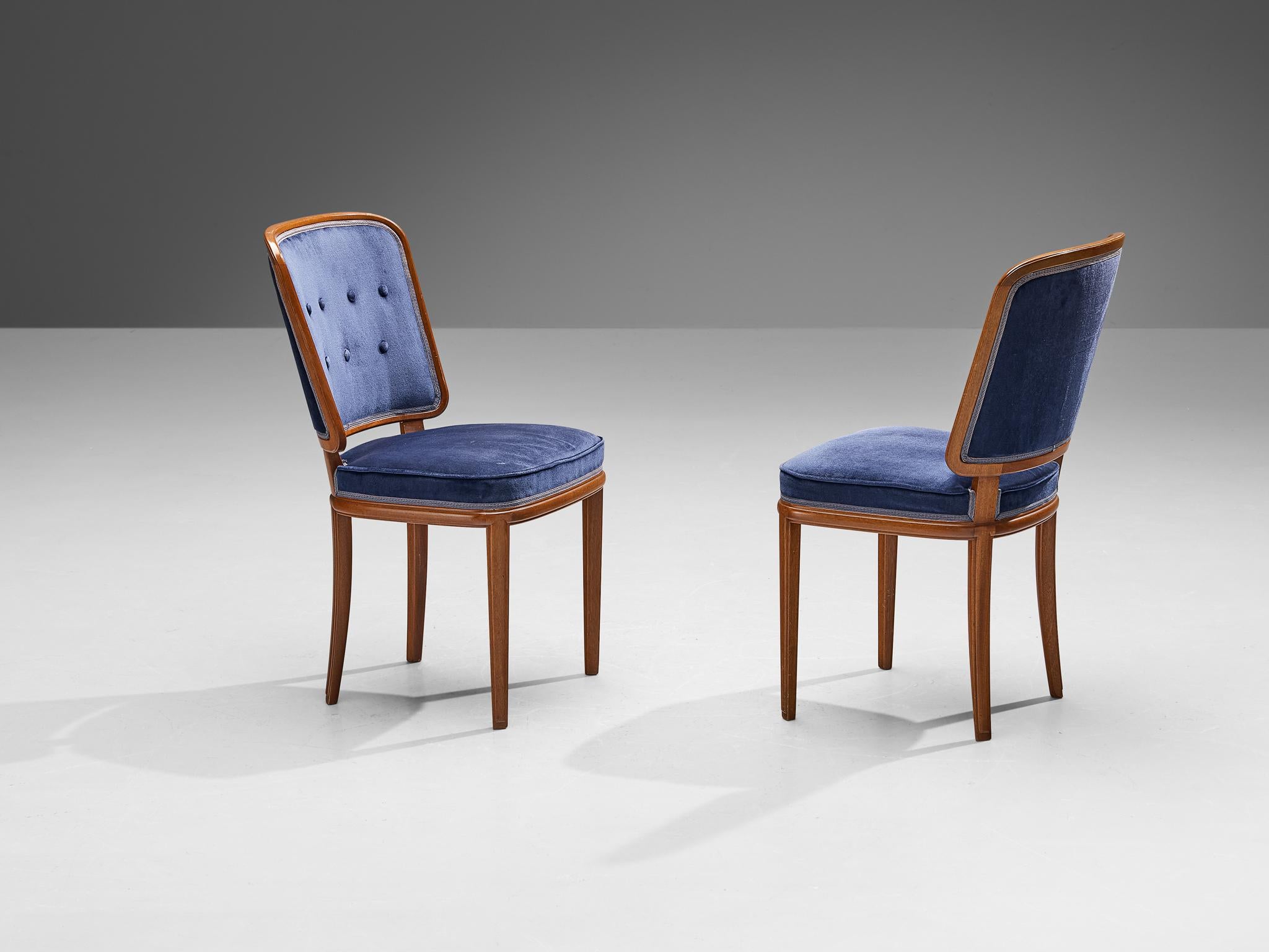 Carl Malmsten Set of Four Dining Chairs in Walnut and Blue Velvet In Good Condition For Sale In Waalwijk, NL