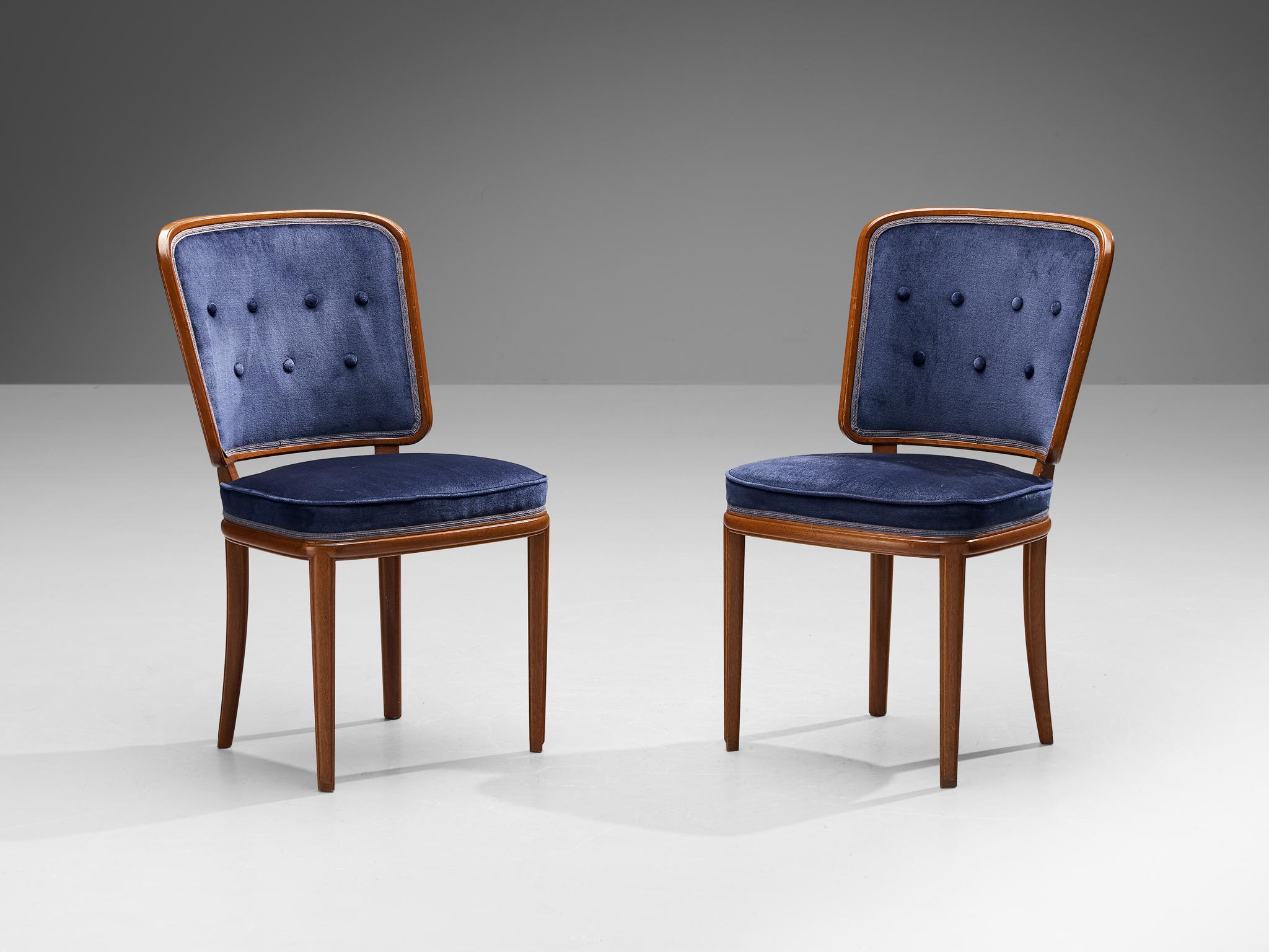 Mid-20th Century Carl Malmsten Set of Four Dining Chairs in Walnut and Blue Velvet For Sale