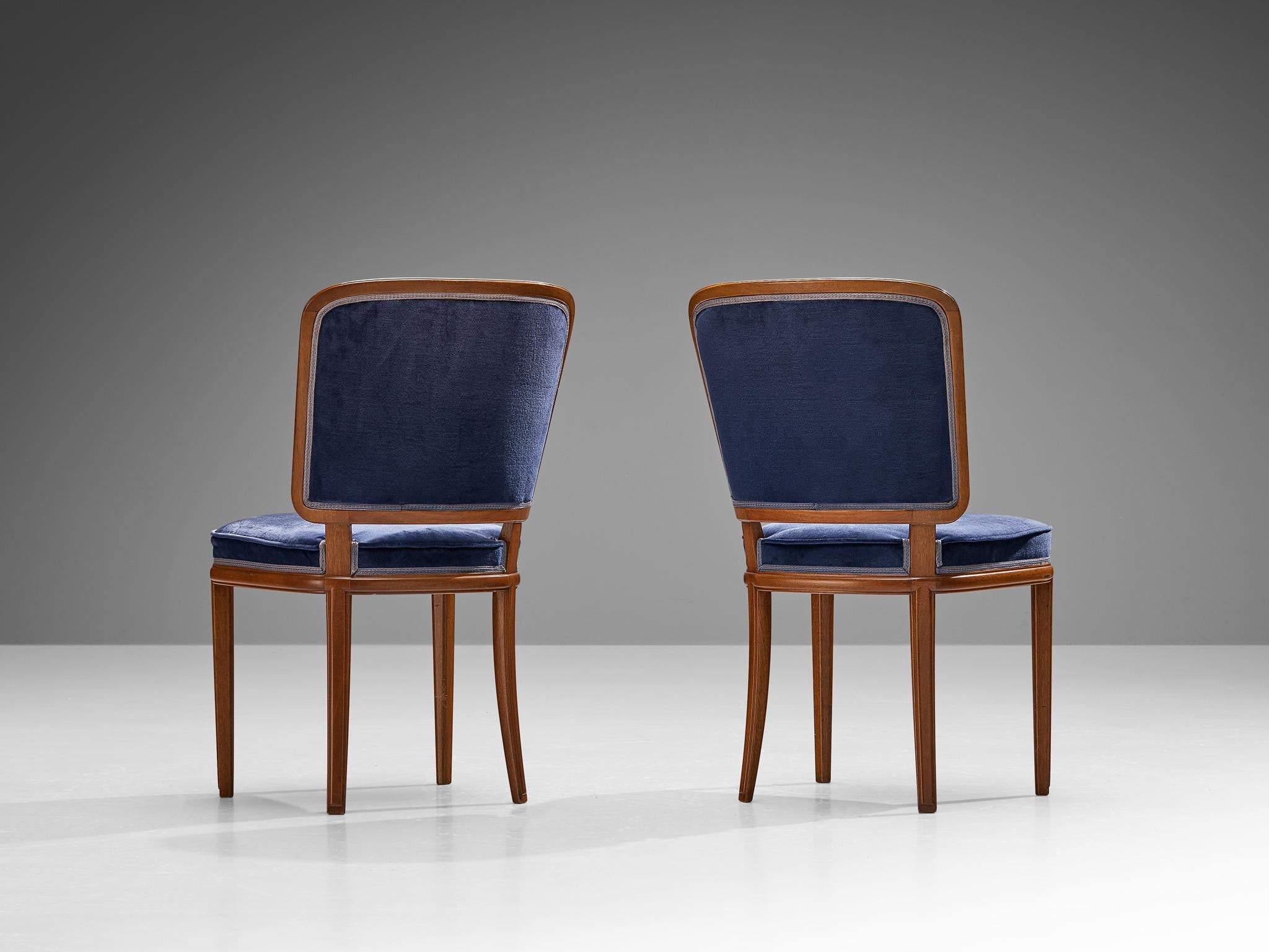 Carl Malmsten Set of Four Dining Chairs in Walnut and Blue Velvet For Sale 1