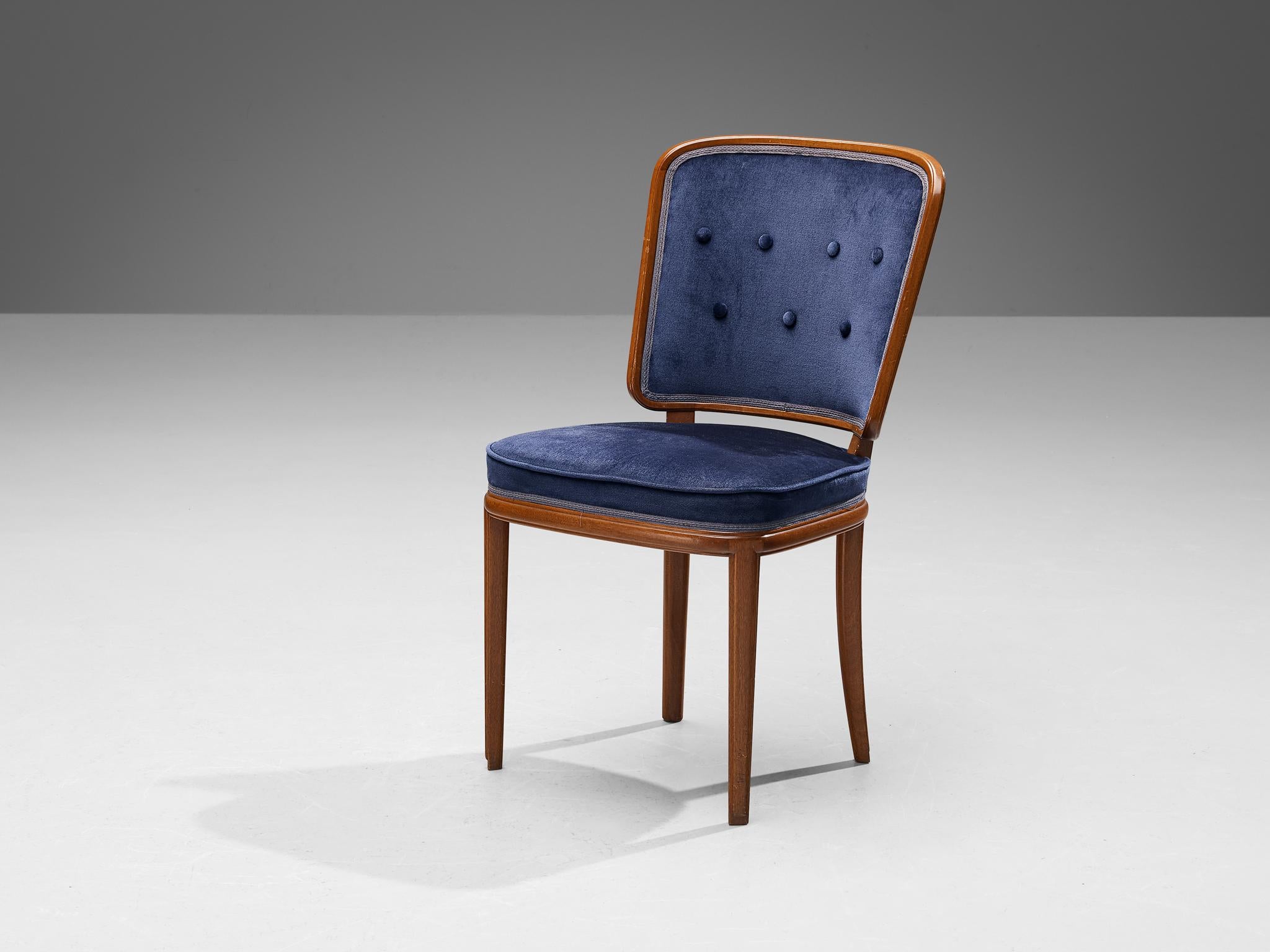 Carl Malmsten Set of Four Dining Chairs in Walnut and Blue Velvet 2