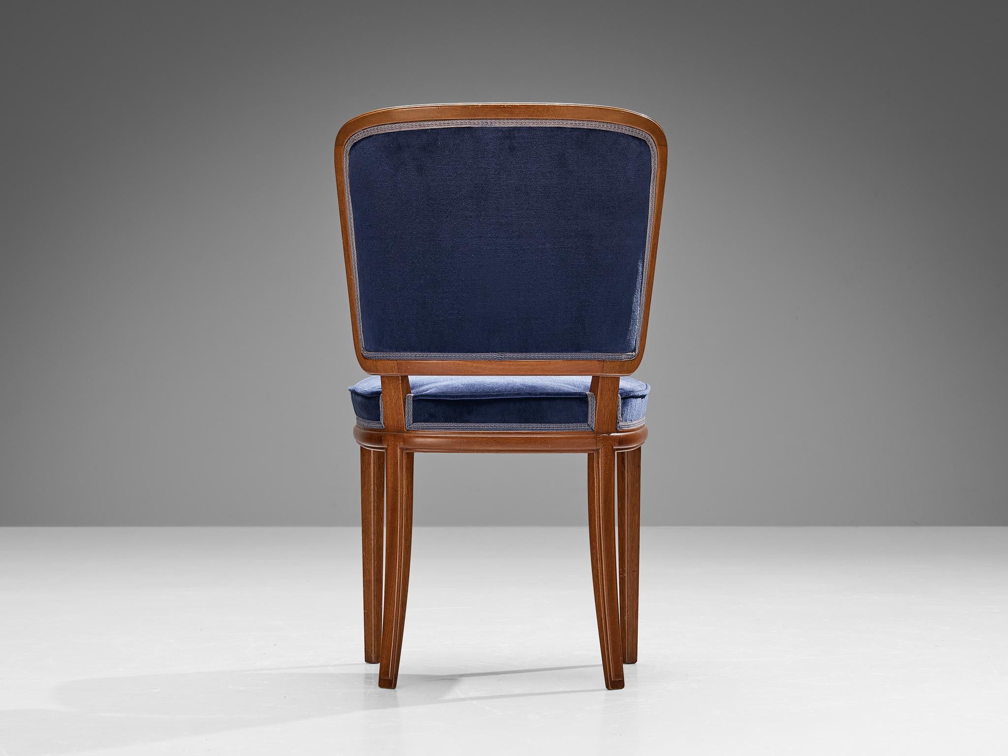 Carl Malmsten Set of Four Dining Chairs in Walnut and Blue Velvet For Sale 3