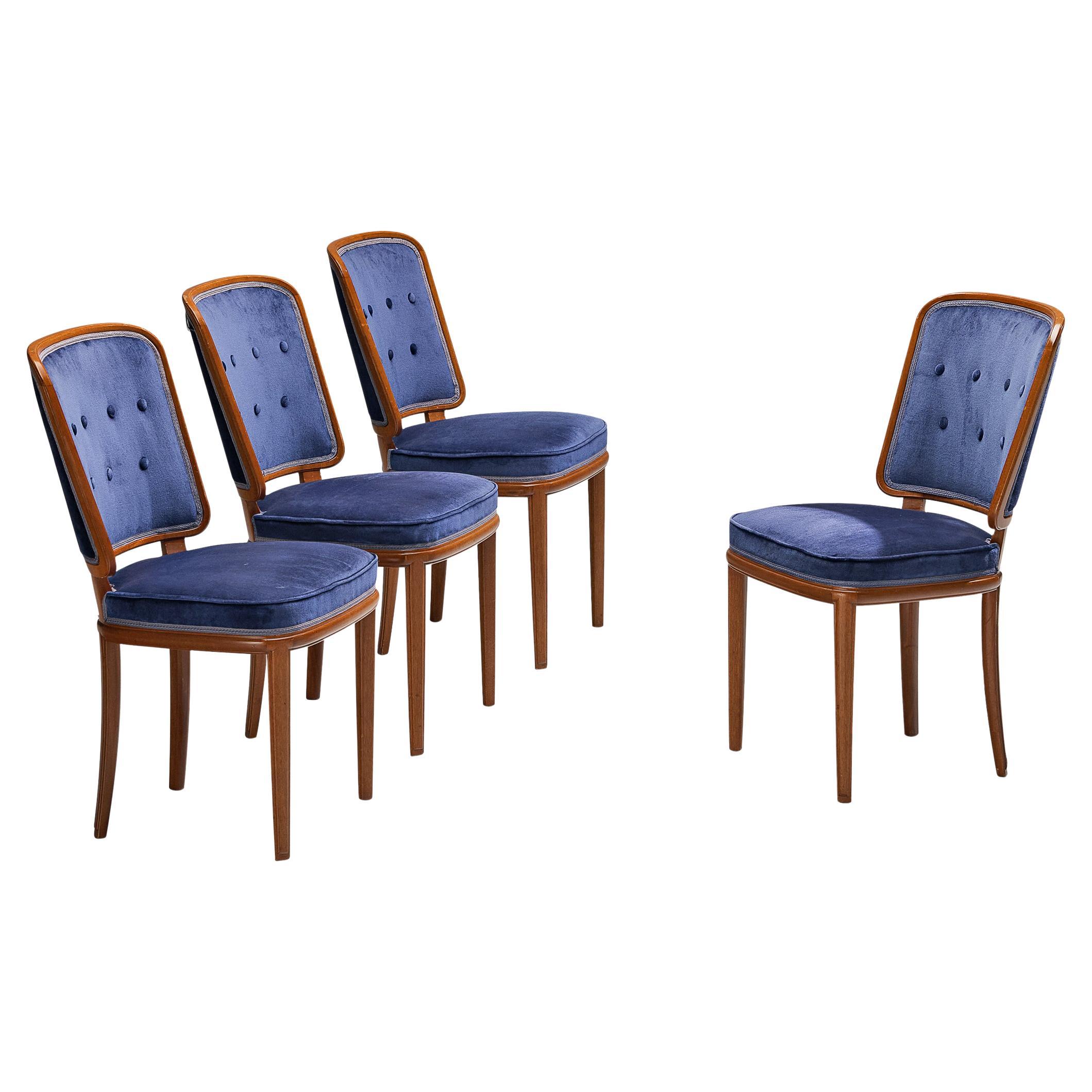 Carl Malmsten Set of Four Dining Chairs in Walnut and Blue Velvet For Sale