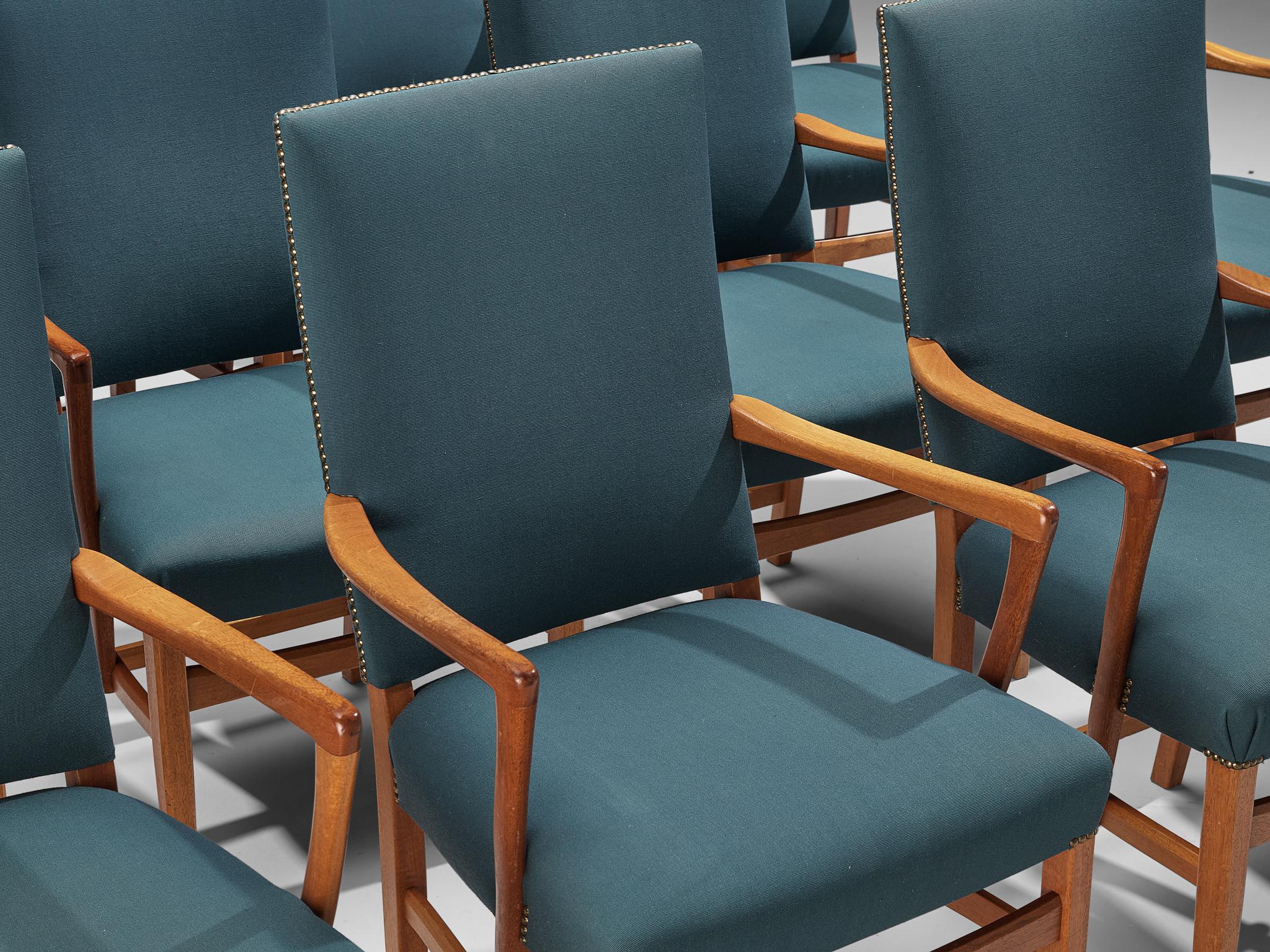 Swedish Carl Malmsten Set of Ten Armchairs in Teak and Green-Blue Upholstery For Sale