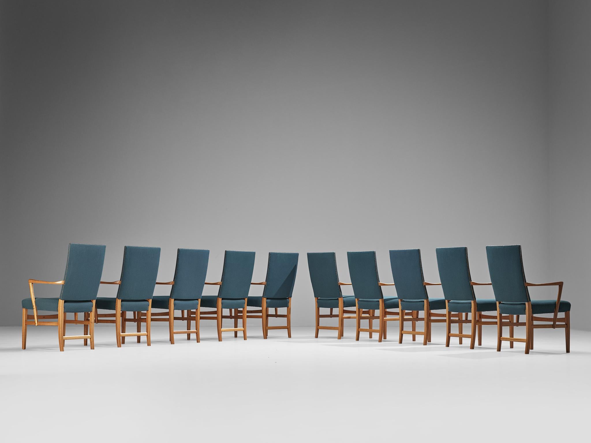Late 20th Century Carl Malmsten Set of Ten Armchairs in Teak and Green-Blue Upholstery
