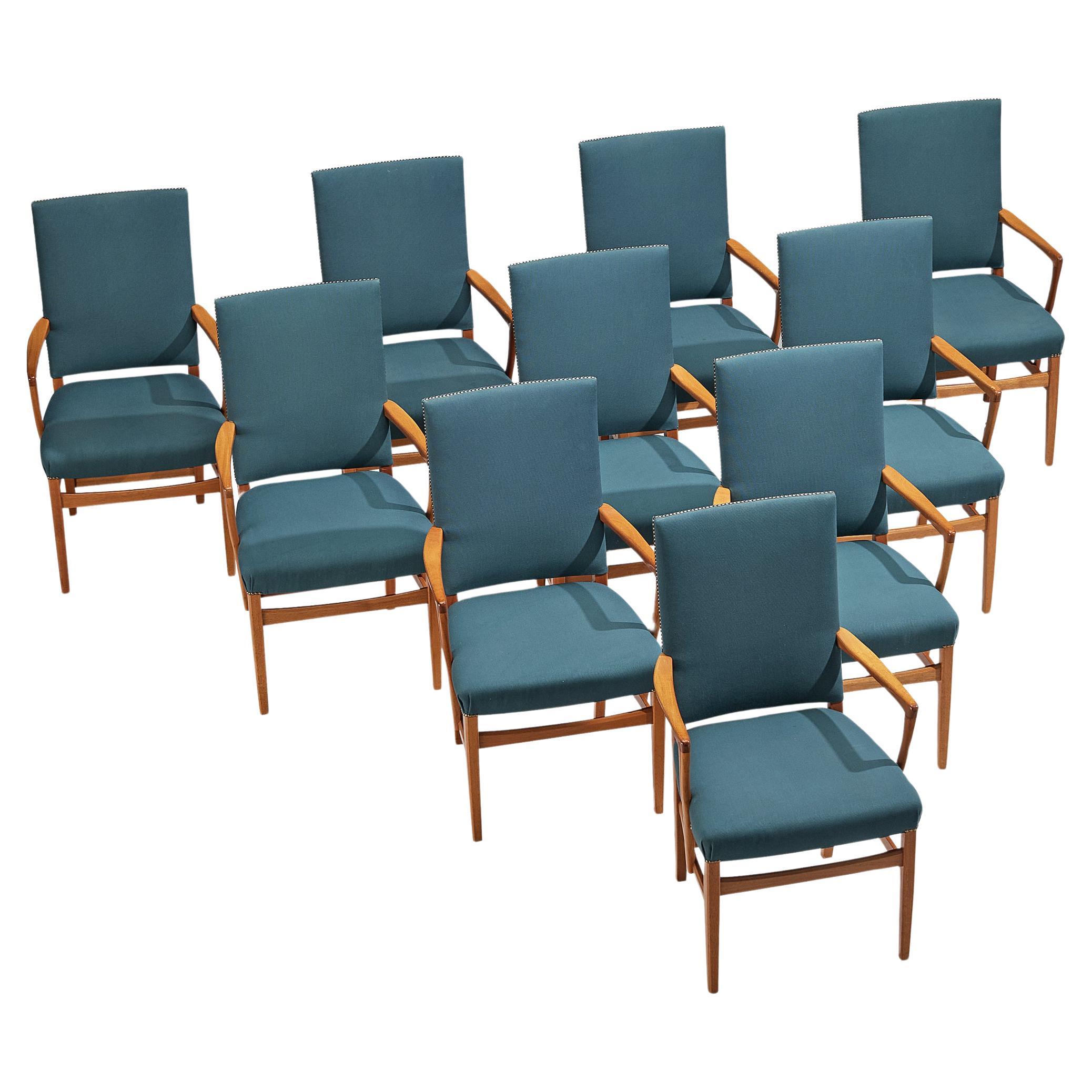 Carl Malmsten Set of Ten Armchairs in Teak and Green-Blue Upholstery For Sale