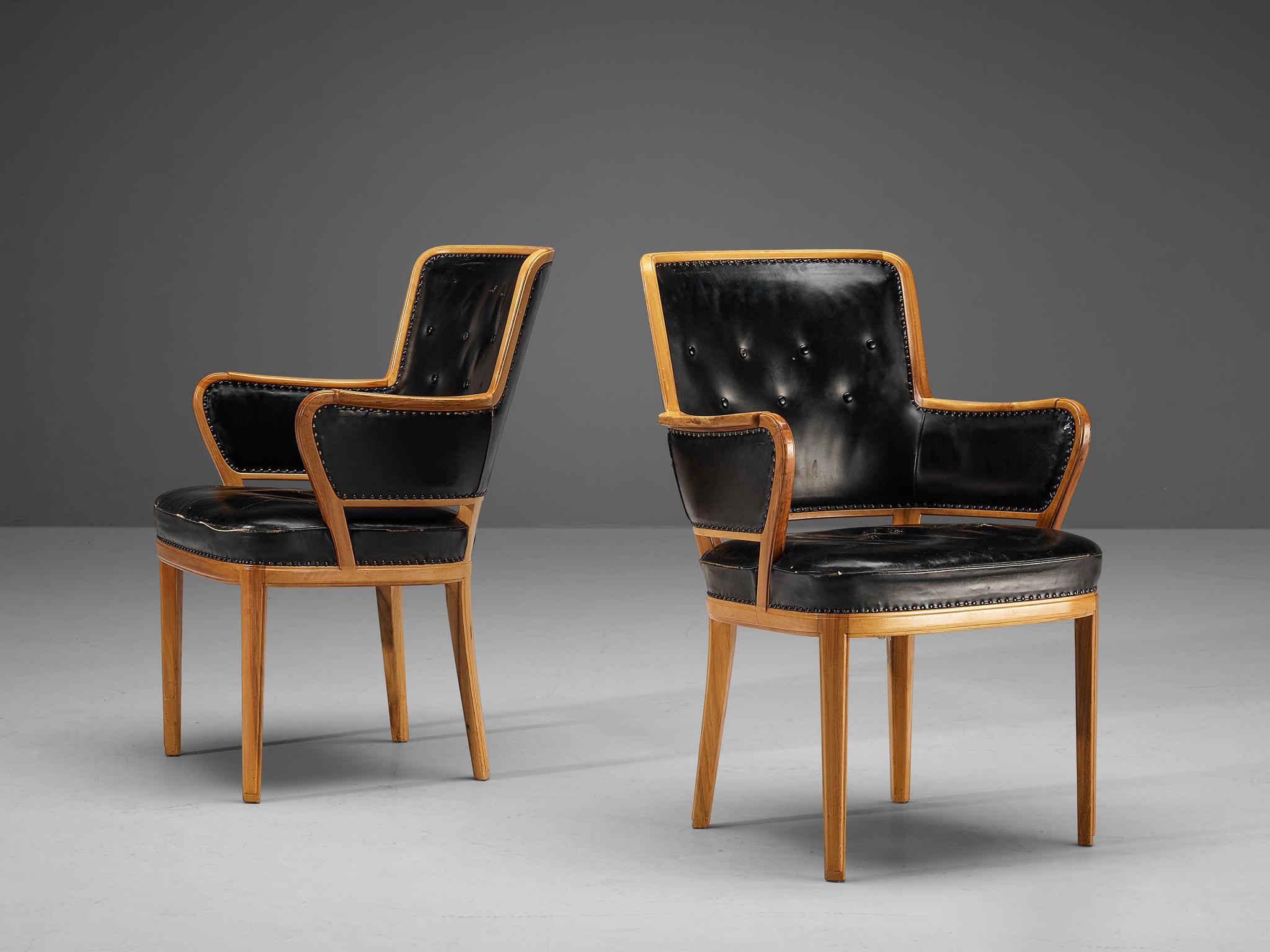 Scandinavian Modern Carl Malmsten Set of Ten Armchairs in Walnut and Black Leather