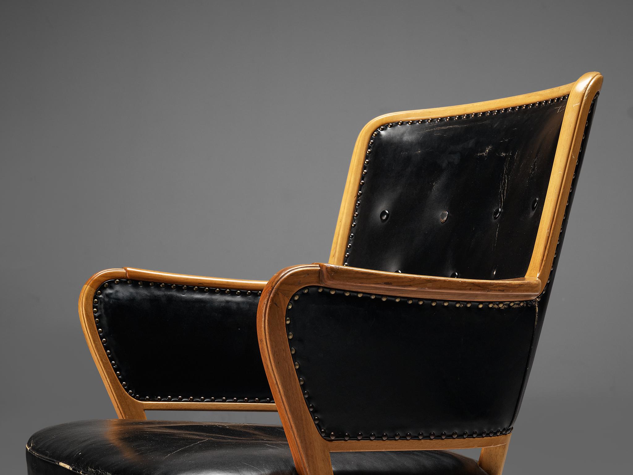 Swedish Carl Malmsten Set of Ten Armchairs in Walnut and Black Leather