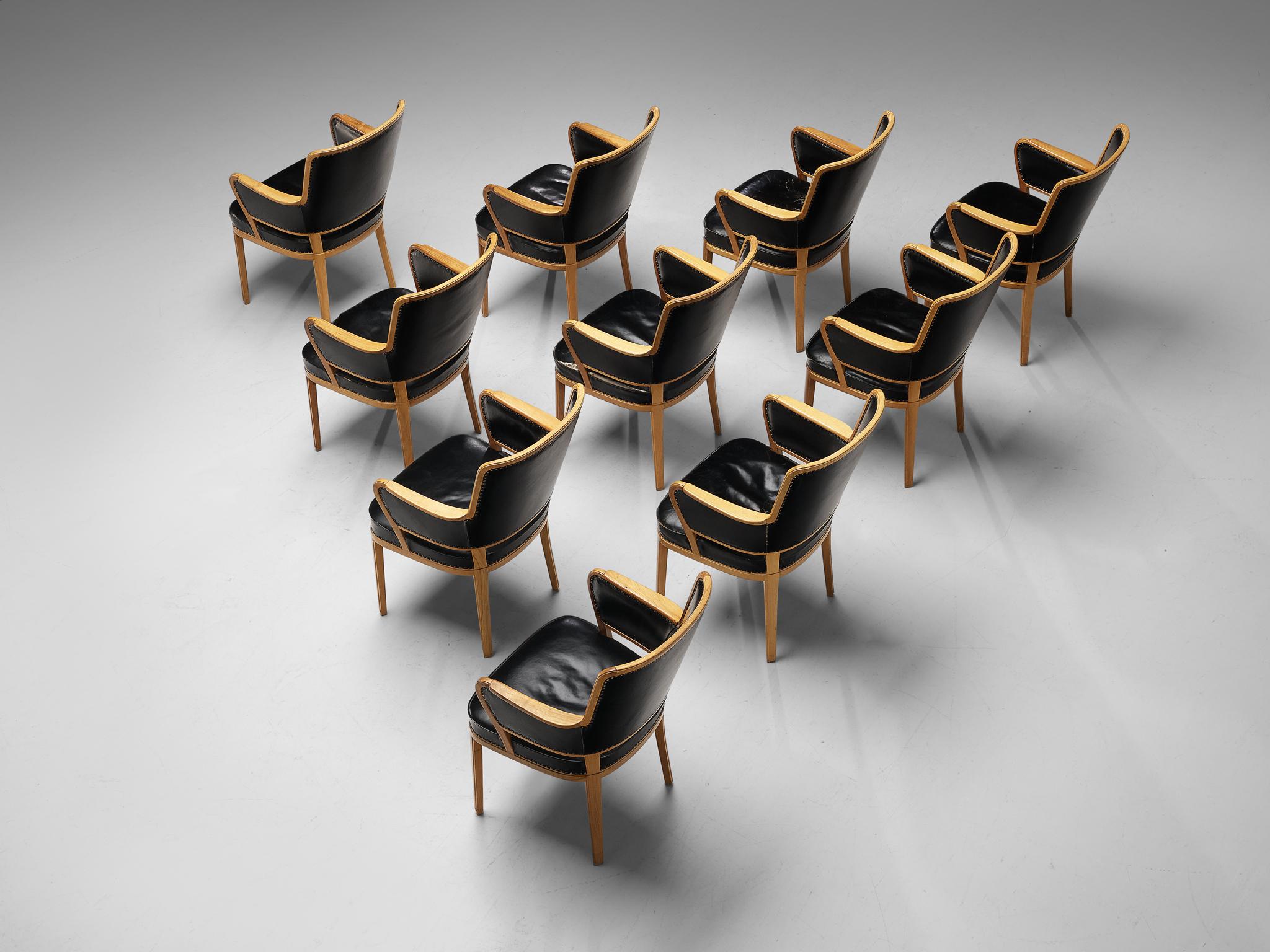 Carl Malmsten Set of Ten Armchairs in Walnut and Black Leather In Good Condition In Waalwijk, NL