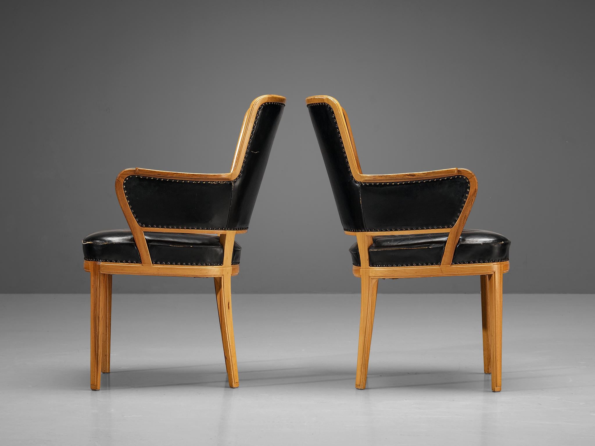 Mid-20th Century Carl Malmsten Set of Ten Armchairs in Walnut and Black Leather