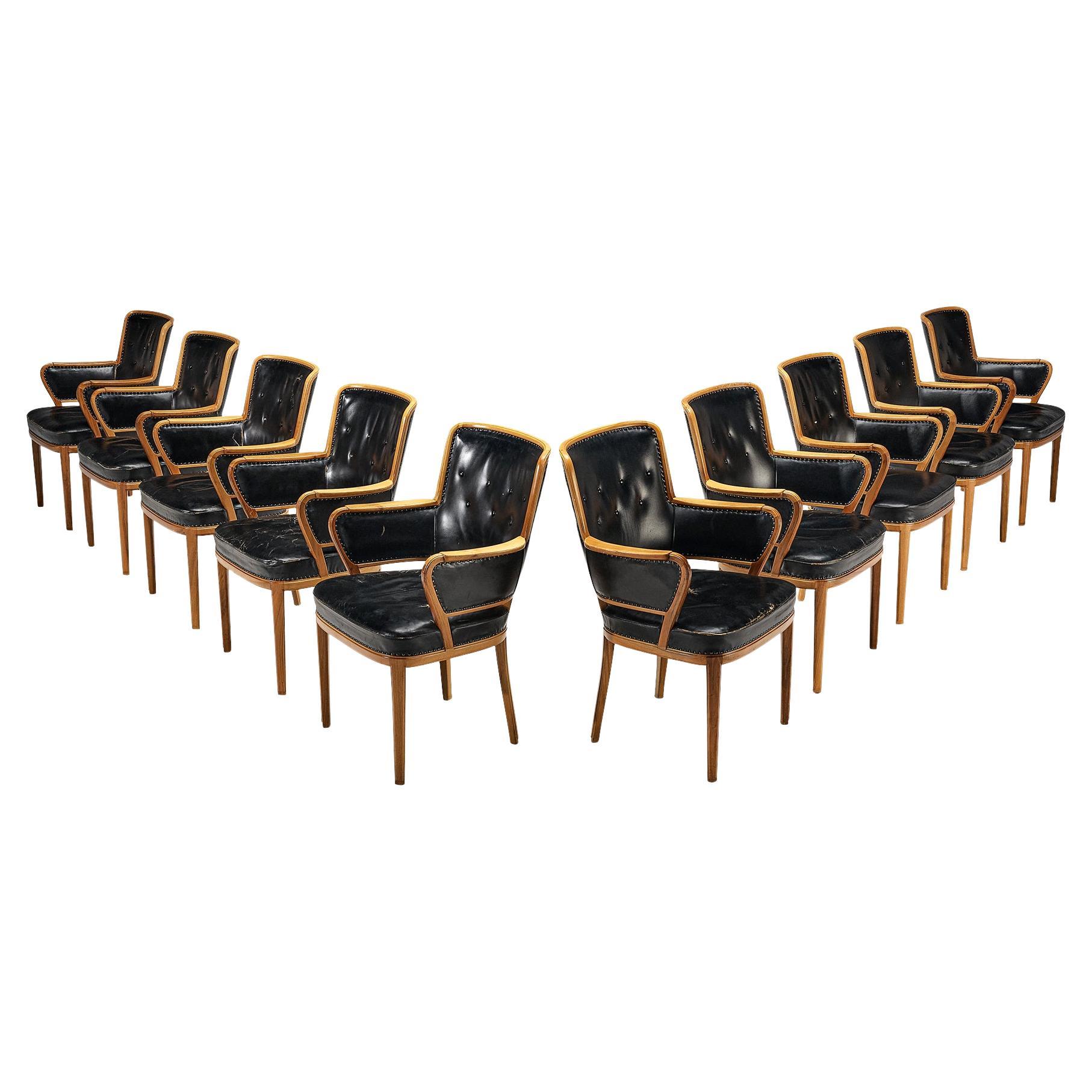 Carl Malmsten Set of Ten Armchairs in Walnut and Black Leather