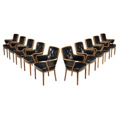 Carl Malmsten Set of Ten Armchairs in Walnut and Black Leather