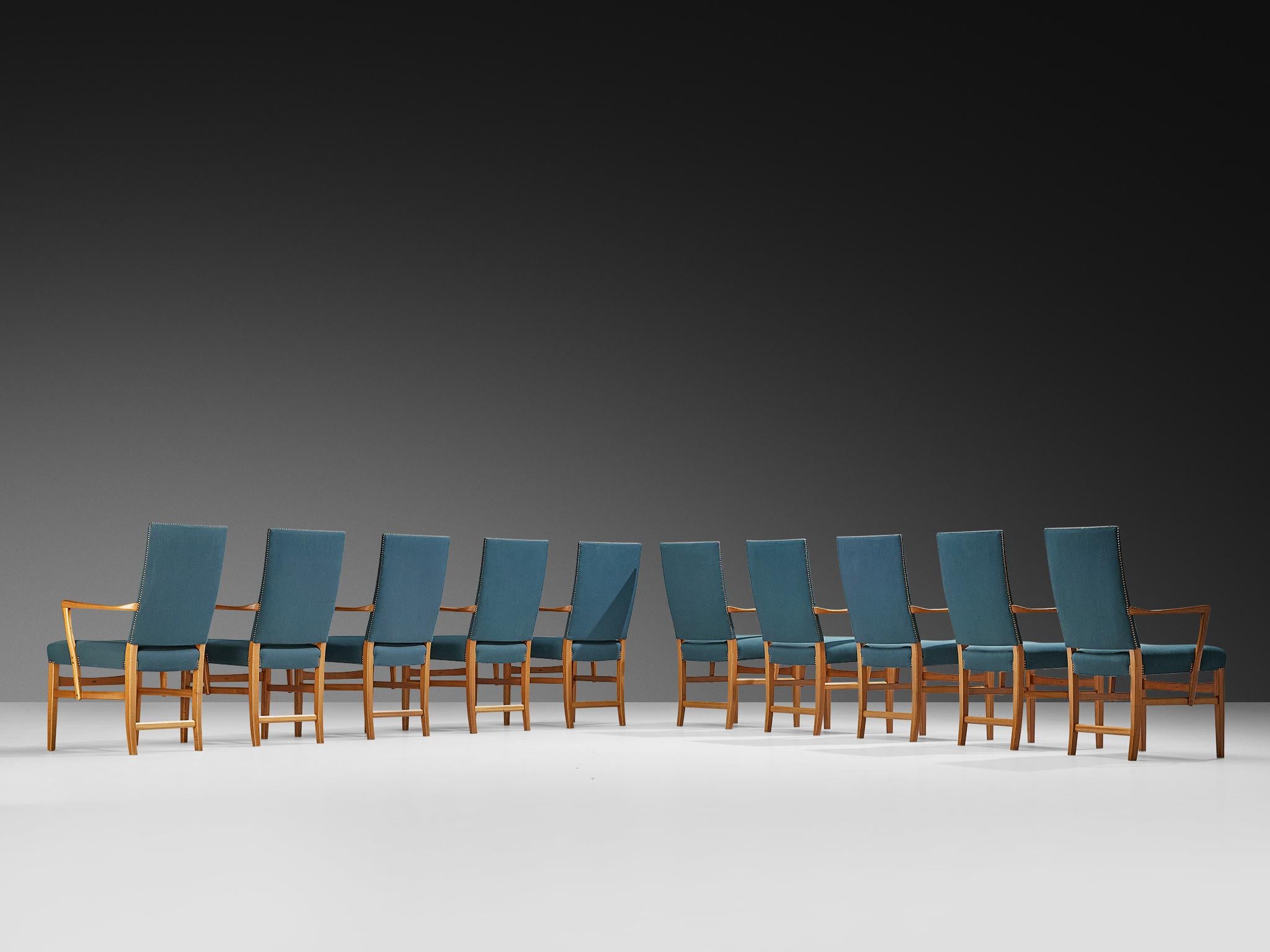 Carl Malmsten Ensemble de douze fauteuils en teck et tapisserie vert-bleu en vente 8