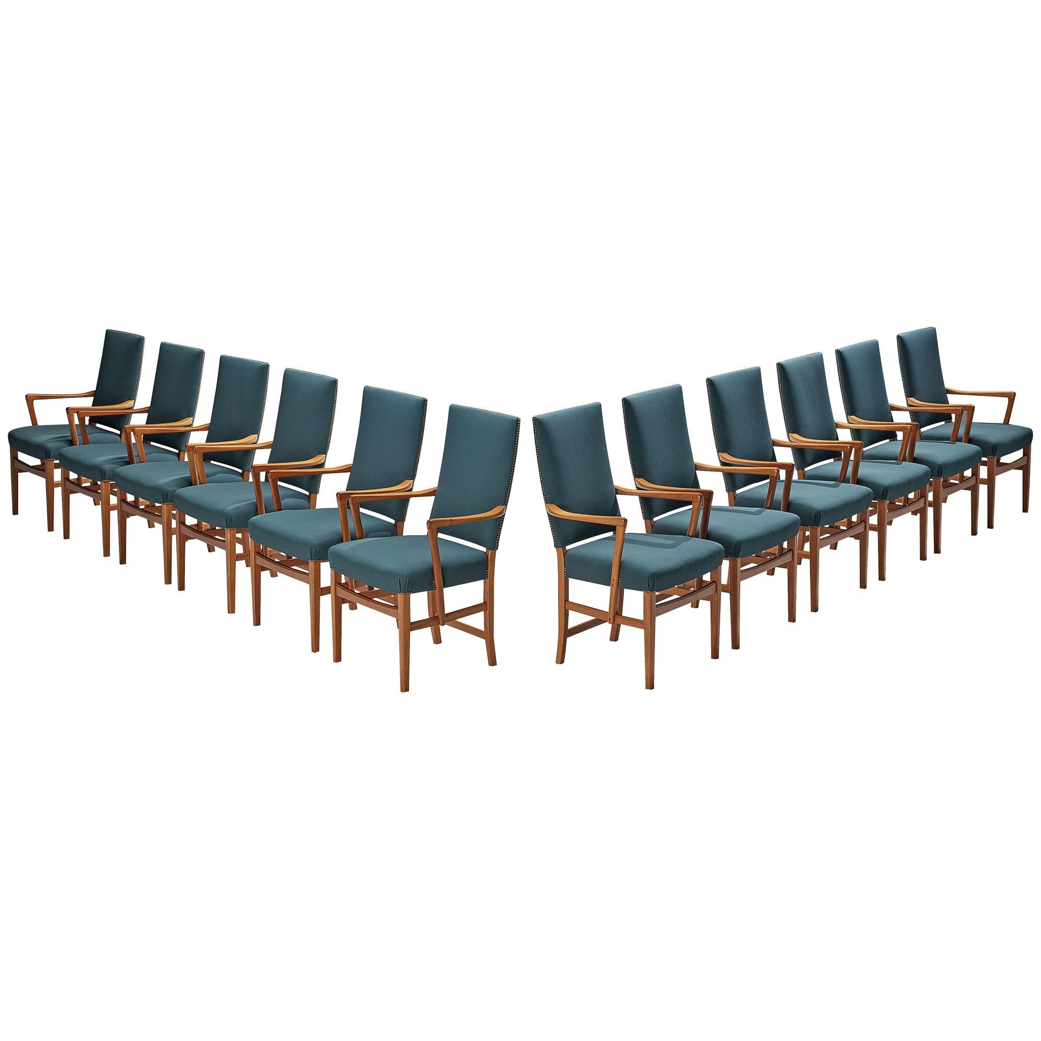 Carl Malmsten Ensemble de douze fauteuils en teck et tapisserie vert-bleu en vente