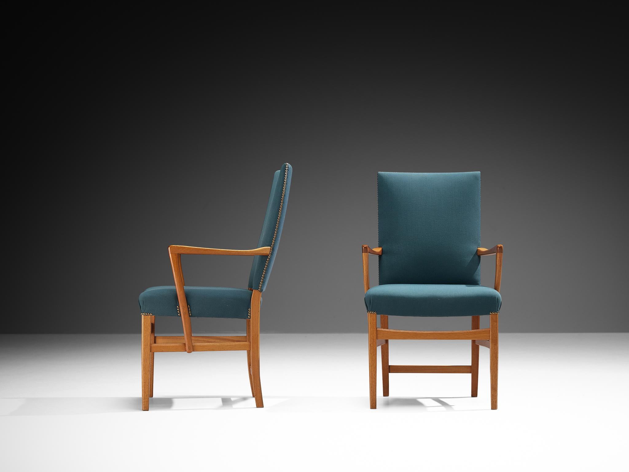 Scandinave moderne Carl Malmsten Ensemble de douze fauteuils en teck et tapisserie vert-bleu en vente