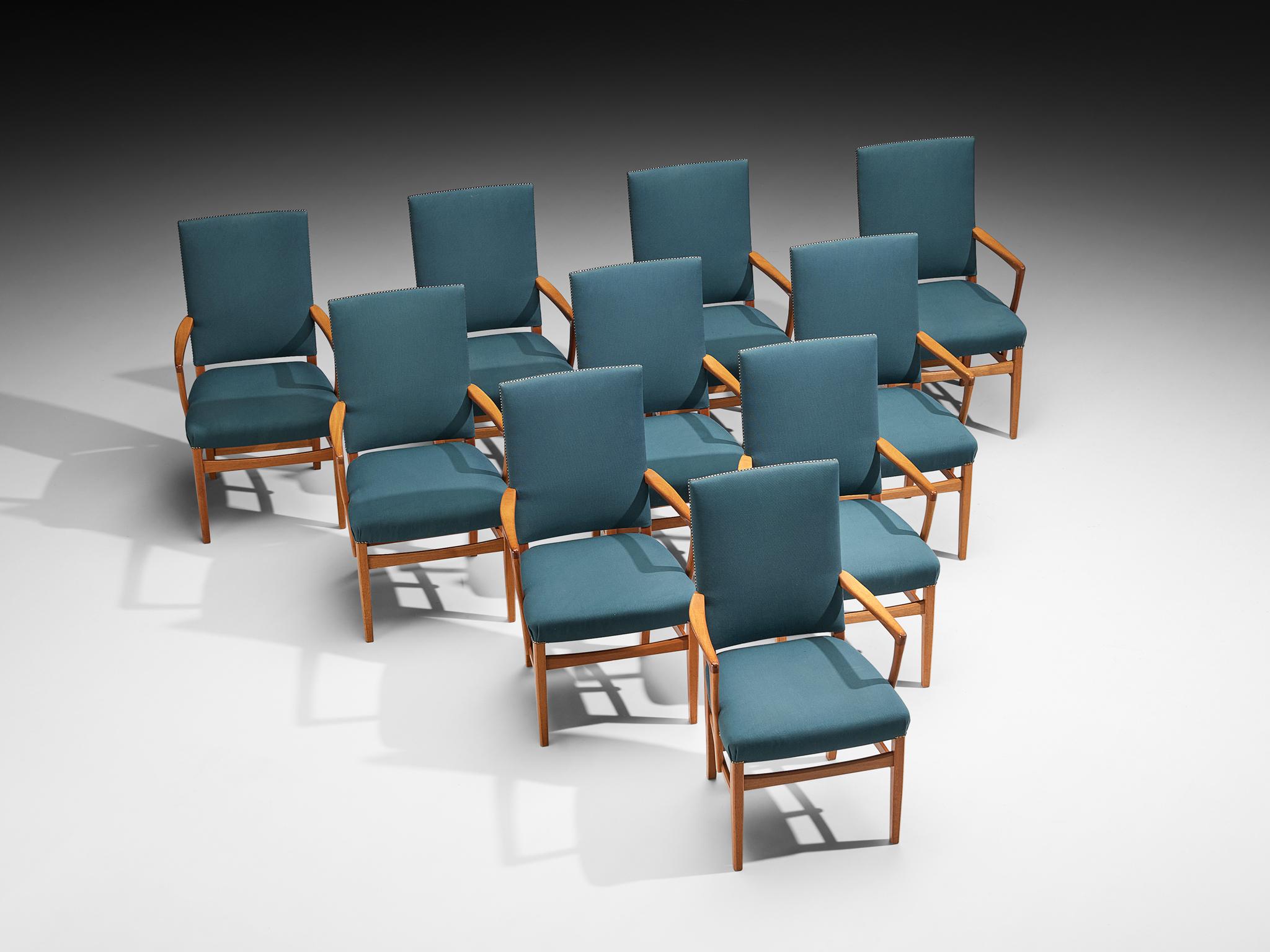 Carl Malmsten Ensemble de douze fauteuils en teck et tapisserie vert-bleu en vente 1