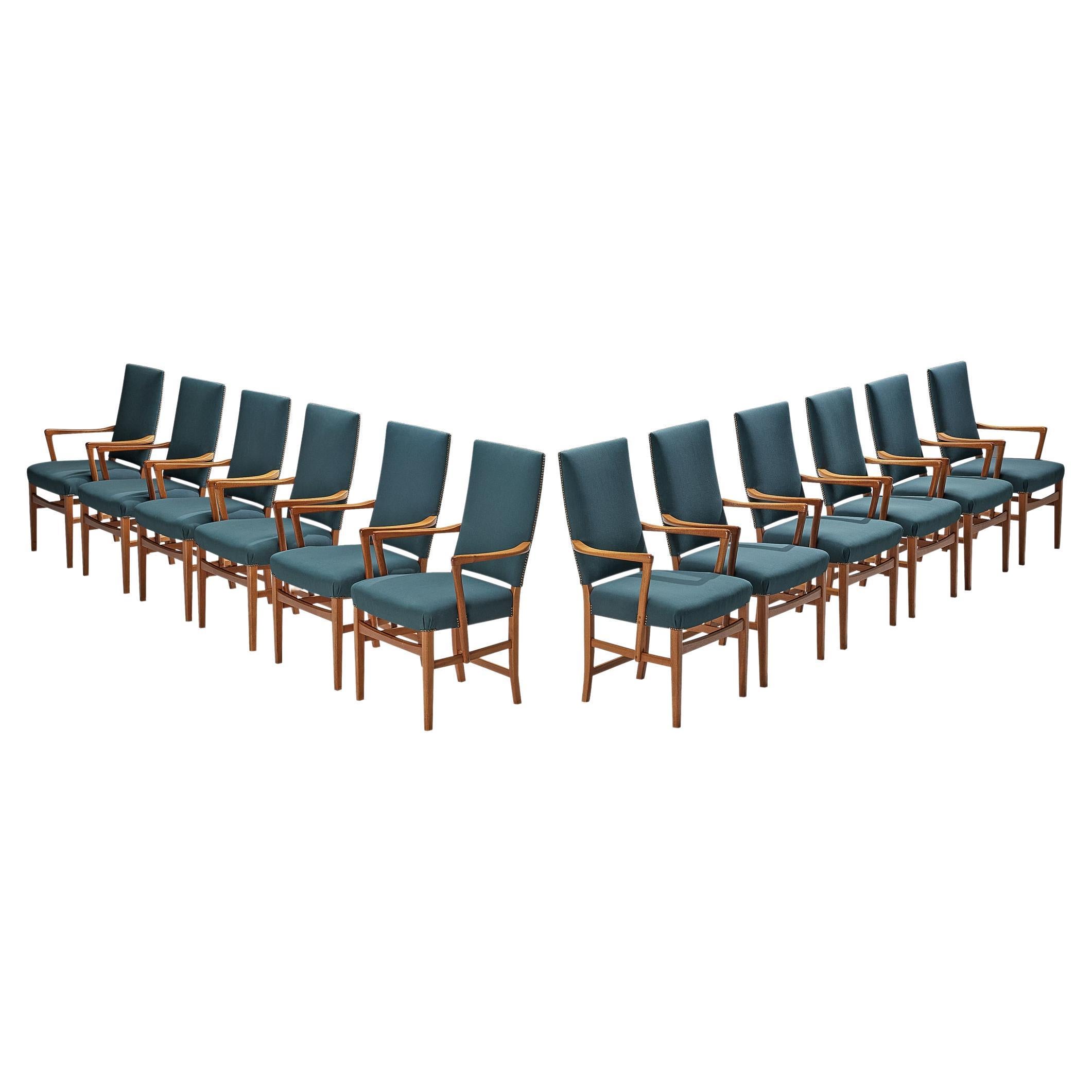 Carl Malmsten Set of Twelve Armchairs in Teak and Green-Blue Upholstery 