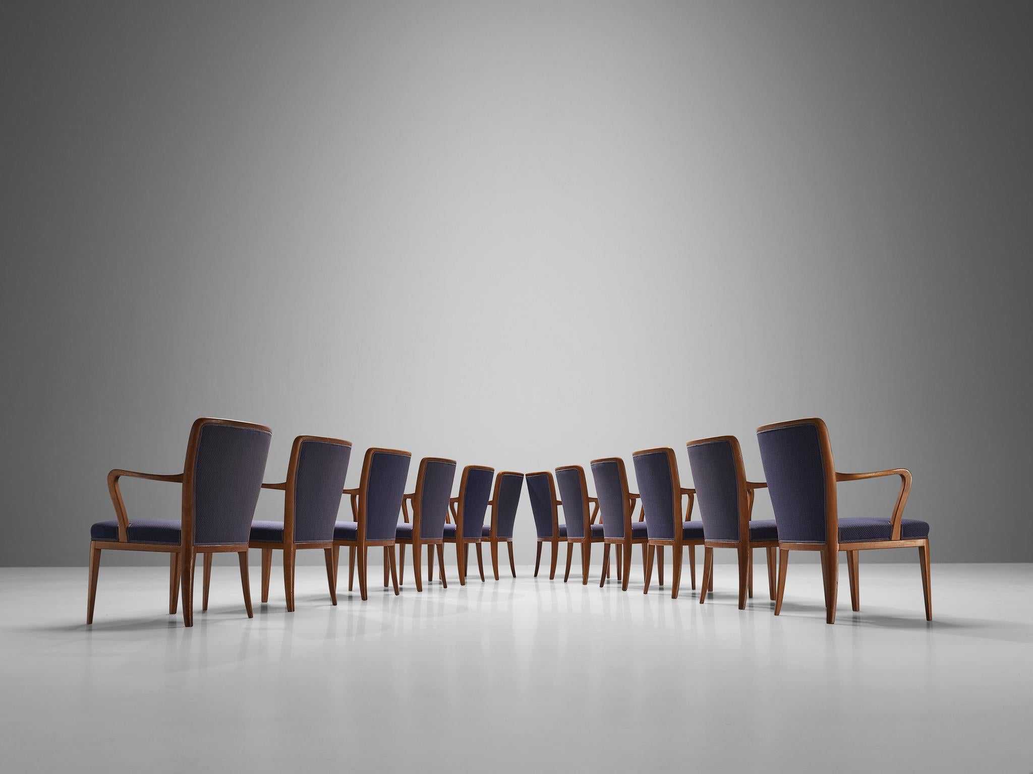 Swedish Carl Malmsten Set of Twelve Dining Chairs in Teak and Dark Purple Upholstery