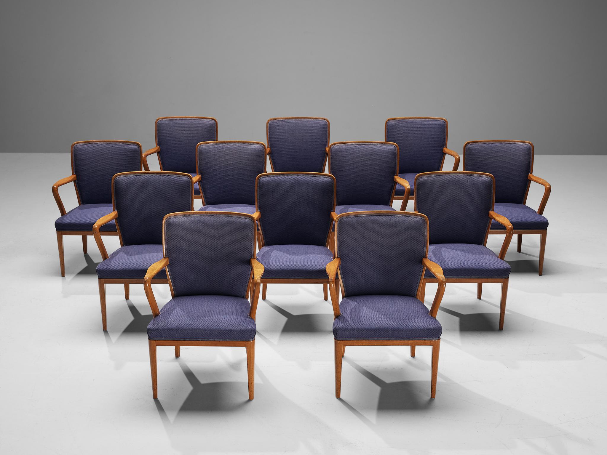 Fabric Carl Malmsten Set of Twelve Dining Chairs in Teak and Dark Purple Upholstery