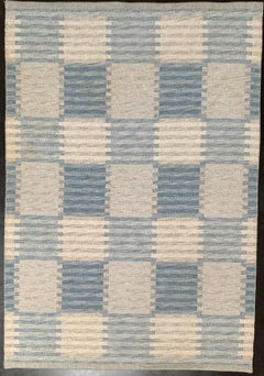 Carl Malmsten, Swedish Geometric Pattern Wool Rug, Blue/Grey, Handcrafted, 1950s