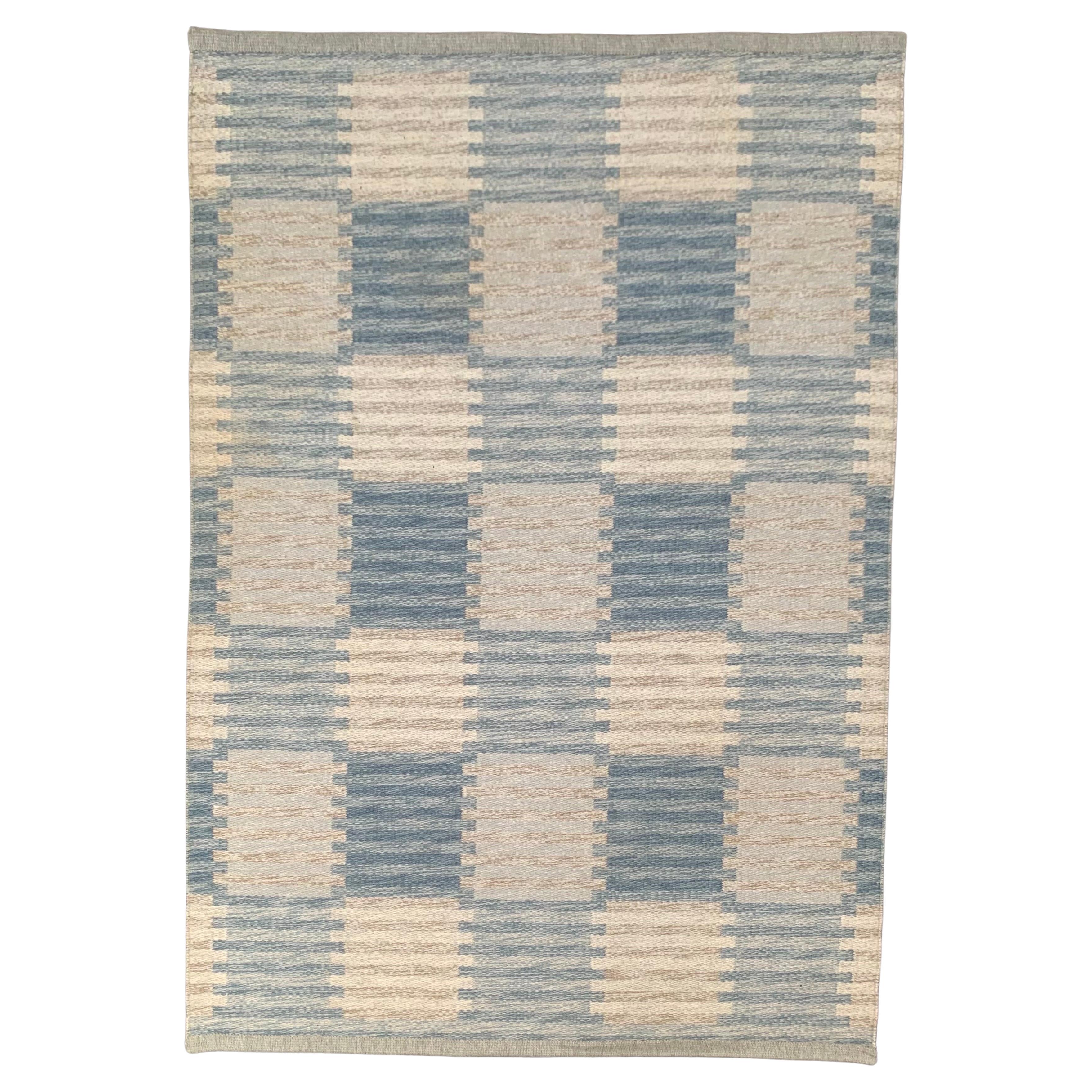 Carl Malmsten, Swedish Geometric Pattern Wool Rug, Blue/Grey, Handcrafted, 1950s
