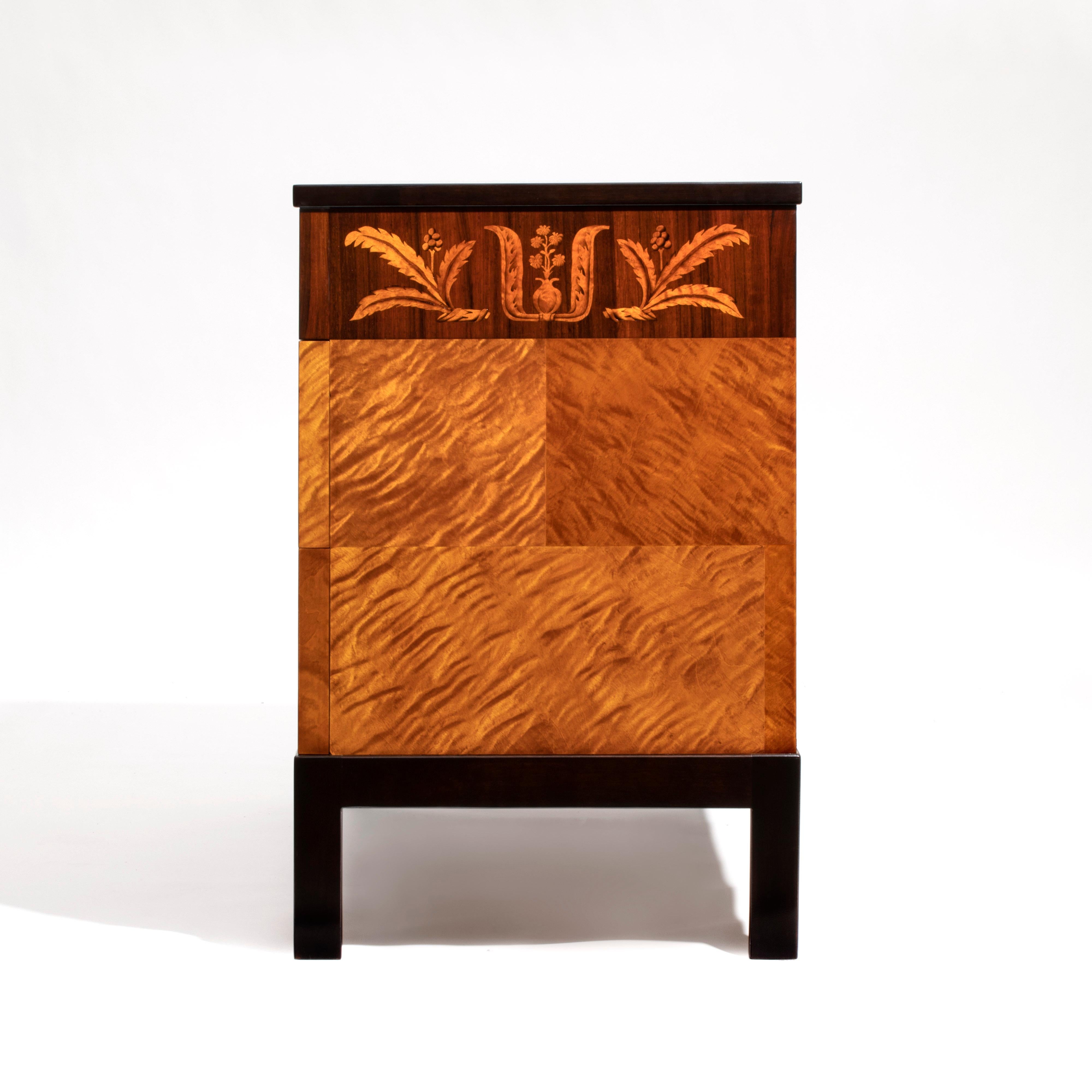 Art Deco Carl Malmsten, Swedish Grace Period Flame Birch & Rosewood Three-Drawer Commode For Sale